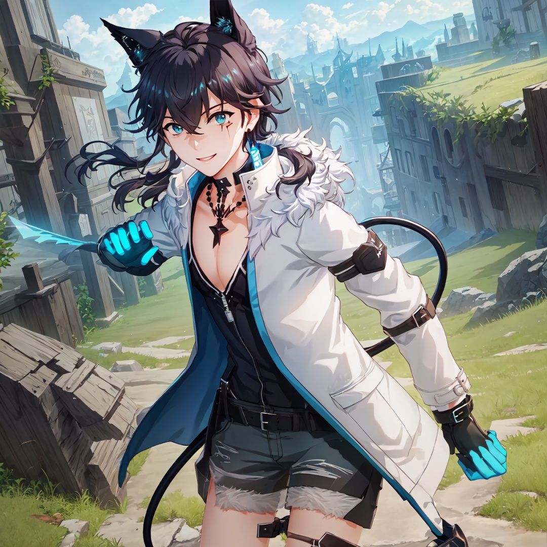 masterpiece, (best quality:1.3), game cg, extremely detailed 8K wallpaper, Dreamy, fantasy, outdoors, epic scene, (beautiful and detailed background:1.3), cowboy shot, dynamic angle,axds, 1boy, solo, male focus, fighting stance, knee up,  fur trim, smile, claws, looking at viewer, white jacket,  boots, shorts, jewelry, cleavage, scar, high heels, black footwear, black shirt, thigh strap, fur-trimmed jacket, open clothes, mechanical tail <lora:常羽-暗宵冬狩V1.0:0.8>