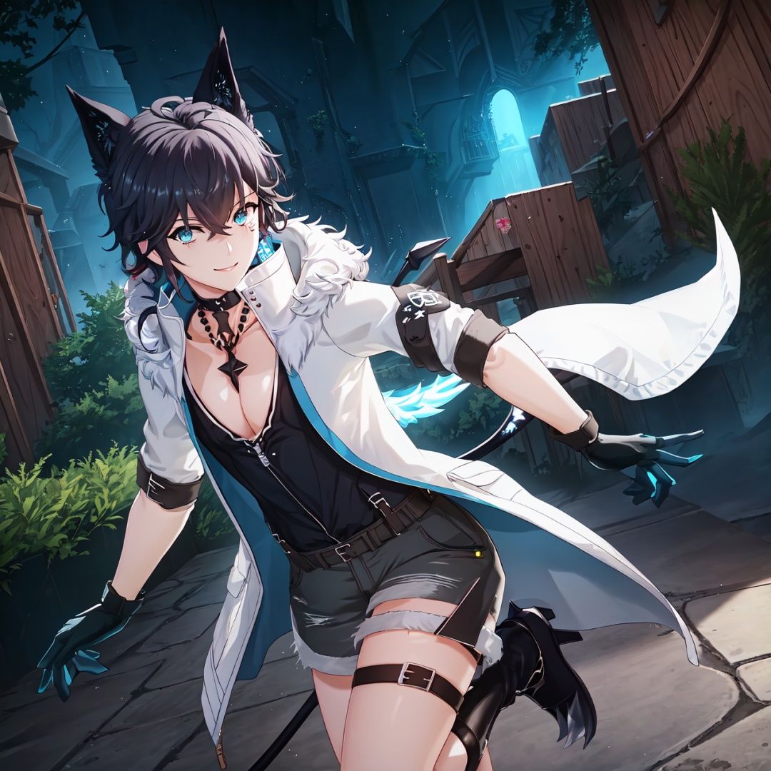 masterpiece, (best quality:1.3), game cg, extremely detailed 8K wallpaper, Dreamy, fantasy, outdoors, epic scene, (beautiful and detailed background:1.3), cowboy shot, dynamic angle,axds, 1boy, solo, male focus, fighting stance, knee up,  fur trim, smile, claws, looking at viewer, white jacket,  boots, shorts, jewelry, cleavage, scar, high heels, black footwear, black shirt, thigh strap, fur-trimmed jacket, open clothes, mechanical tail <lora:常羽-暗宵冬狩V1.0:0.8>
