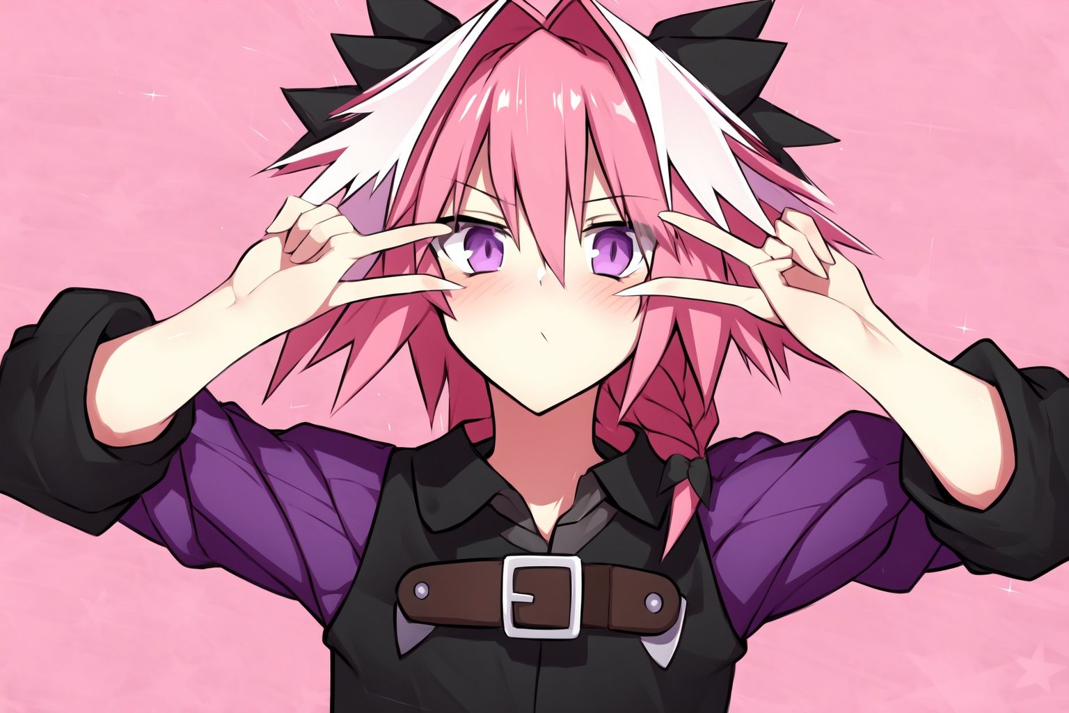 kknd,1boy, solo,Astolfo, black skirt, long braid, braid, purple eyes, hair between eyes,close mouth<lora:kknd:0.8>   <lora:Astolfo:0.6>