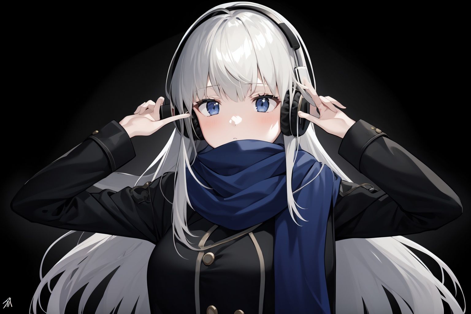 kknd, origin,1girl, solo, headphones,fetal position, blue scarf, long hair,black coat<lora:kknd:0.8>  <lora:Reverse 1999-Bkornblume (With multires noise version):0.6>