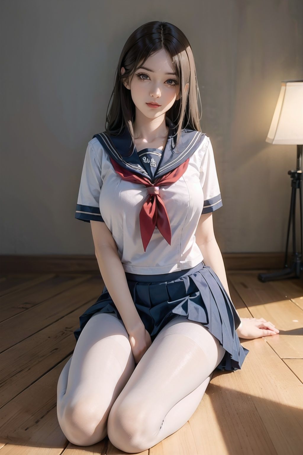 ultra realistic 8k cg, picture-perfect face, flawless, clean, masterpiece, professional artwork, famous artwork, perfect face, beautiful face, beautiful eyes, ((perfect female body)), solo,(immersive atmosphere, chiaroscuro:1.5,bright light:1.2,luminous lighting),,(blush:0.5),seductive expression,extremely detailed_eyes,thick thighs,large breasts,beautifully detailed background,depth of field,realistic:1.3, long shot,1girl,shirt,pleated skirt, school uniform, sitting, full body, (ambient light:1.3),(cinematic composition:1.3),(neon lights:0.1),(HDR:0.1),Accent Lighting, white pantyhose,  , ,white pantyhose