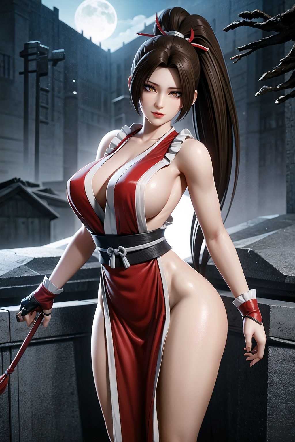vivid illumination, enchanting elegance, atmospheric depth, masterful technique, naturalistic representations, harmonious composition, creative refinement, striking,sfw, juxtapositions,evocative hues, captivating coloration, dramatic lighting,1girl,solo,funeral home,outdoor,Adaptability,graveyard, misty, sombre, red Ninja uniform,  mai shiranui, 