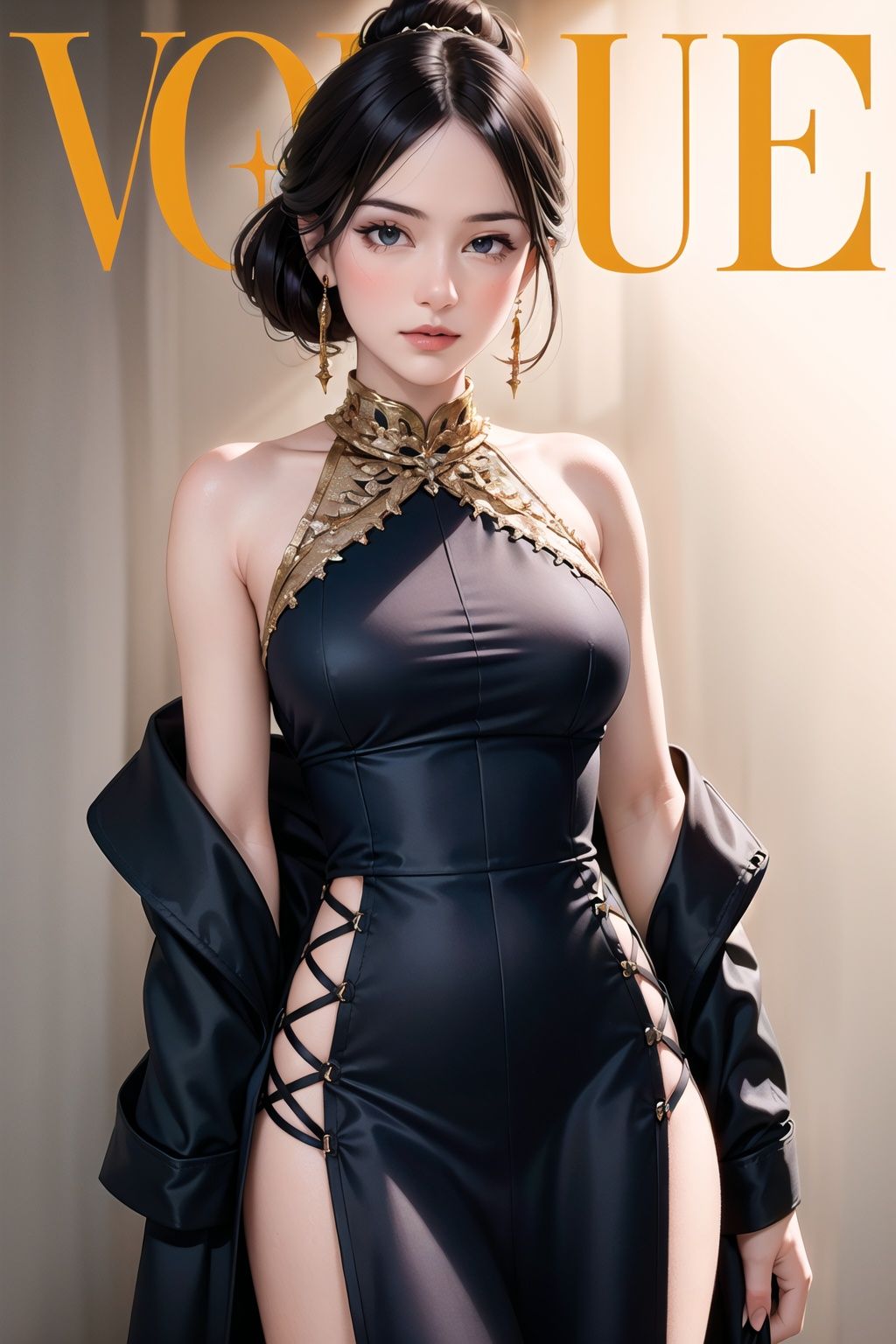 1girl,cover page,magazine cover,(fashion apparel design, dynamic clothing, tailor),trendy,stylish,chic,cowboy shot,
Accessory,Textile,Haute couture,Vogue,jewelry show,
silhouette,luxury,