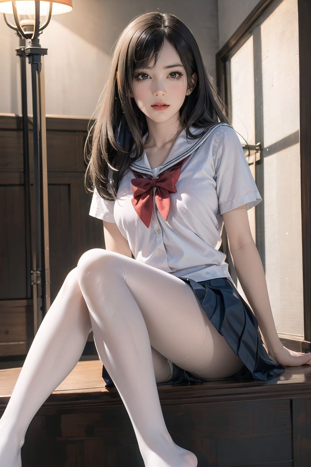 ultra realistic 8k cg, picture-perfect face, flawless, clean, masterpiece, professional artwork, famous artwork, perfect face, beautiful face, beautiful eyes, ((perfect female body)), solo,(immersive atmosphere, chiaroscuro:1.5,bright light:1.2,luminous lighting),,(blush:0.5),seductive expression,extremely detailed_eyes,thick thighs,large breasts,beautifully detailed background,depth of field,realistic:1.3, long shot,1girl,shirt,pleated skirt, school uniform, sitting, full body, (ambient light:1.3),(cinematic composition:1.3),(neon lights:0.1),(HDR:0.1),Accent Lighting, white pantyhose,  , ,white pantyhose