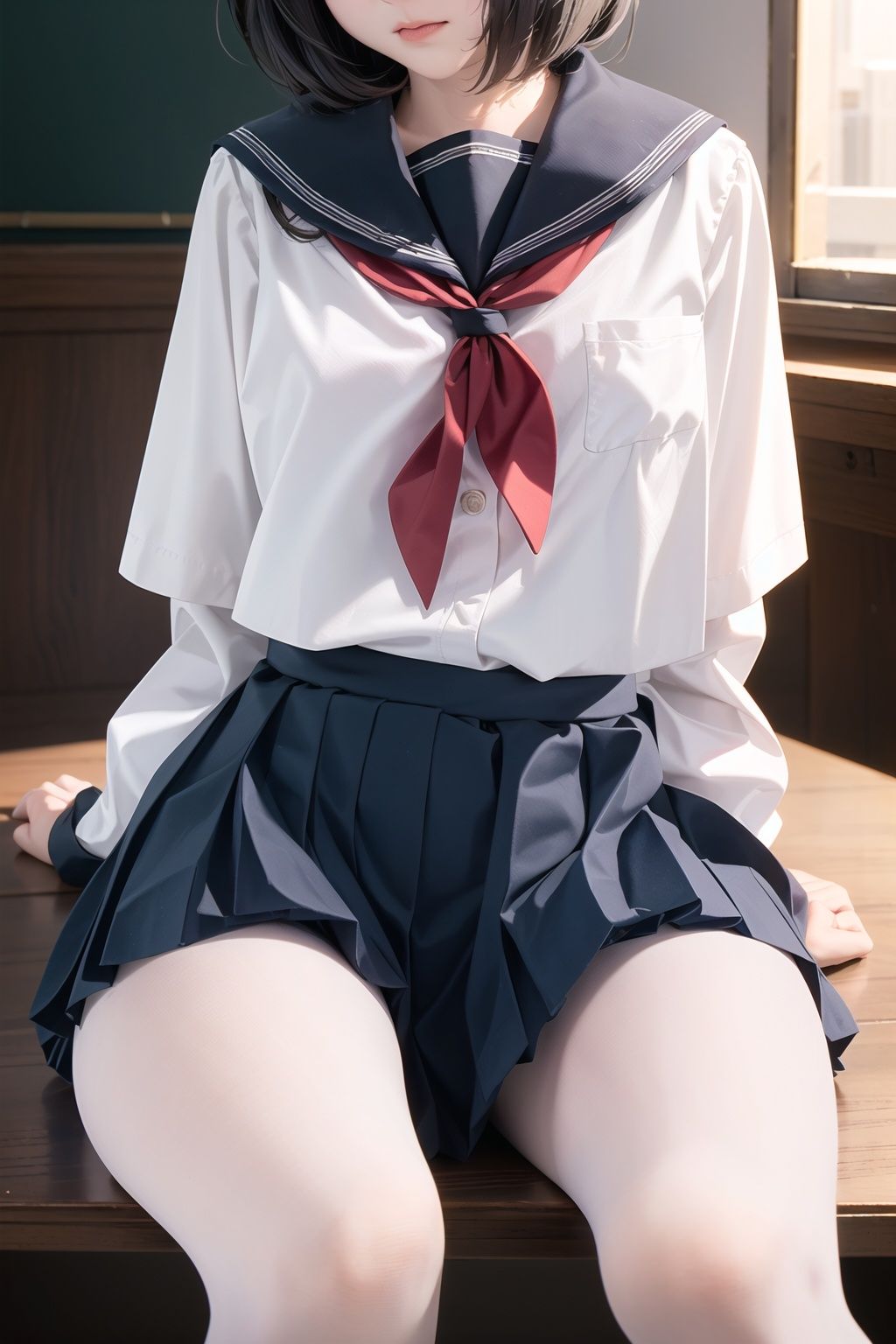 (head out of frame:1.3),1girl,shirt,pleated skirt, school uniform, sitting,depth of field,realistic:1.3,only lower body, (ambient light:1.3),(cinematic composition:1.3),(neon lights:0.1),(HDR:0.1),Accent Lighting, white pantyhose, 