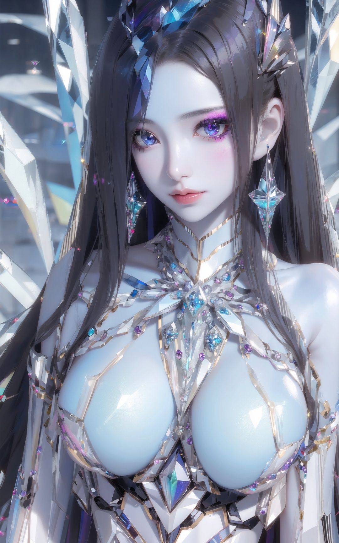 masterpiece, best quality, masterpiece,best quality,official art,extremely detailed CG unity 16k wallpaper,masterpiece, (science fiction:1.1), half of body,(ultra-detailed crystallization:1.5), (crystallizing girl:1.5), kaleidoscope, ((iridescent:1.5) long hair), (glittering silver eyes),, surrounded by colorful crystals, blue skin, (skin fusion with crystal:1.8),Nayuta_Area_Reception,asuna \(sao\),1girl,mecha body,breasts,wings