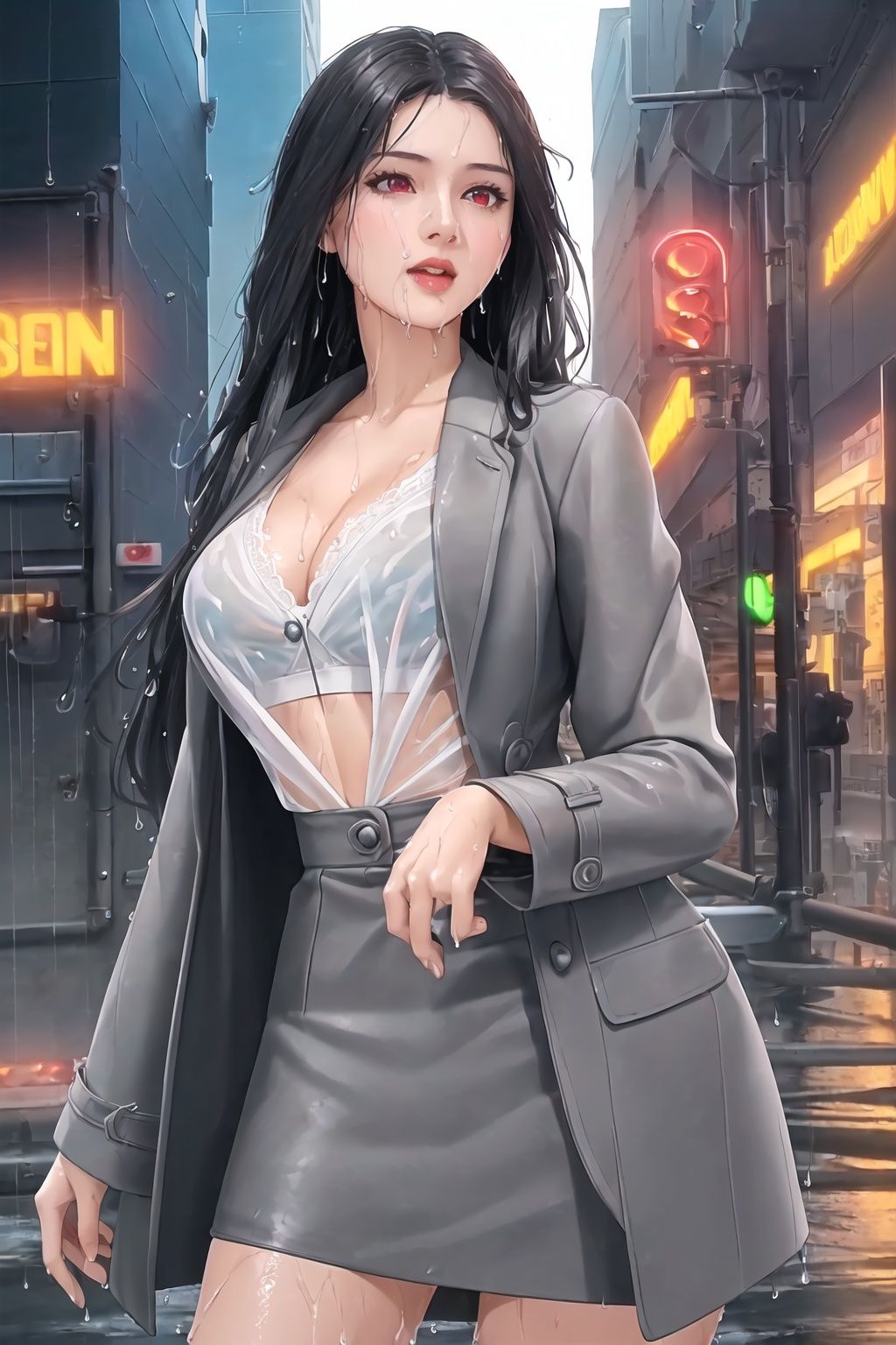 ((((masterpiece))),{{ Hi-Q(high quality) }},(extremely detailed CG unity 8k wallpaper),,illustration,best quality,Amazing,finely detail,outdoors,detailed background,dynamic angle,looking at viewer,detailed clothes,(depth of field),((photorealistic)),((realistic)),Front view,((solo)),light raincity,city,(Streets:1.3),(neon lights:1.3), rain,1girl,mature women,Smooth and shiny skin,medium_breasts,(silver long hair),Red eyes,fucked silly,1girl,realistic body,office worker,mature women,Smooth and shiny skin,medium_breasts,(silver long hair),Red eyes,cleavage,Bare thigh,(wet clothes),Open grey suit coat,Suit skirt,ai is **,ai is **,transparent,white shirt,Lace bra,(1girl:1.5),(realistic body:1.2),office worker,mature women,(perfect figure),Smooth and shiny skin,medium_breasts,Smooth and shiny skin,(silver long hair),twin slut strands,Red eyes, Beautiful and detailed eyes,bright eyes,(wet clothes:1.4),(Open grey suit coat:1.4), (Suit skirt:1.2),ai is **,ai is **,(transparent:1.4),(white shirt:1.3),(Black lace bra:1.07),sunshine,reflection light,ray tracing,shadow,[Open black suit coat:0.6],graphic design,4k detailed post processing, atmospheric, hyper realistic, 8k, epic composition, artstation,intricate details,