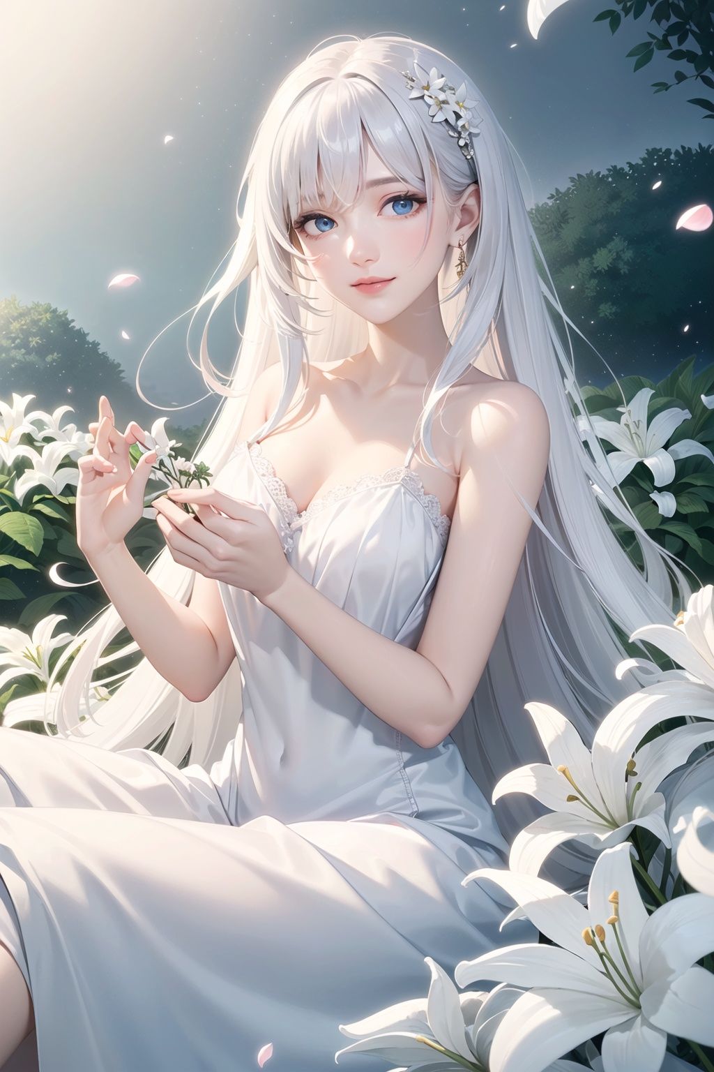 masterpiece,best quality,extremely detailed CG unity 8k wallpaper,(pure:1.3), (serene:1.1), (ethereal:1.1), 1girl, (white attire:1.3), (long flowing hair:1.2), (pale skin), (blue eyes:1.1), (gentle smile), (graceful), (sitting pose:1.2), (delicate hands), (gossamer dress:1.1), (luminous), (soft lighting:1.3), (tranquil setting), (garden background:1.2), (flower petals), (white lilies:1.2), (peaceful), (subtle glow), (radiant beauty), (youthful), (enchanting:1.3), (dreamlike), (whimsical), (calm), (harmony), (gentle breeze:1.1), (soft shadows), (sunlight streaming:1.2), (glistening), (timeless elegance), (heavenly), (floating hair), (effortless grace), (spiritual), (otherworldly:1.2), (celestial), (divine), (captivating), (alluring), (reverent), (humble), (compassionate), (painterly), (mesmerizing), (inspiring),cowboy shot, 