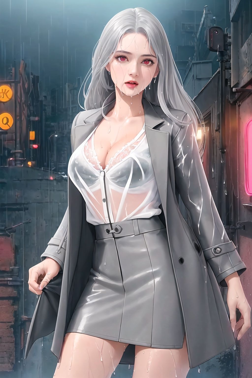 ((((masterpiece))),{{ Hi-Q(high quality) }},(extremely detailed CG unity 8k wallpaper),,illustration,best quality,Amazing,finely detail,outdoors,detailed background,dynamic angle,looking at viewer,detailed clothes,(depth of field),((photorealistic)),((realistic)),Front view,((solo)),light raincity,city,(Streets:1.3),(neon lights:1.3), rain,1girl,mature women,Smooth and shiny skin,medium_breasts,(silver long hair),Red eyes,fucked silly,1girl,realistic body,office worker,mature women,Smooth and shiny skin,medium_breasts,(silver long hair),Red eyes,cleavage,Bare thigh,(wet clothes),Open grey suit coat,Suit skirt,ai is **,ai is **,transparent,white shirt,Lace bra,(1girl:1.5),(realistic body:1.2),office worker,mature women,(perfect figure),Smooth and shiny skin,medium_breasts,Smooth and shiny skin,(silver long hair),twin slut strands,Red eyes, Beautiful and detailed eyes,bright eyes,(wet clothes:1.4),(Open grey suit coat:1.4), (Suit skirt:1.2),ai is **,ai is **,(transparent:1.4),(white shirt:1.3),(Black lace bra:1.07),sunshine,reflection light,ray tracing,shadow,[Open black suit coat:0.6],graphic design,4k detailed post processing, atmospheric, hyper realistic, 8k, epic composition, artstation,intricate details,
