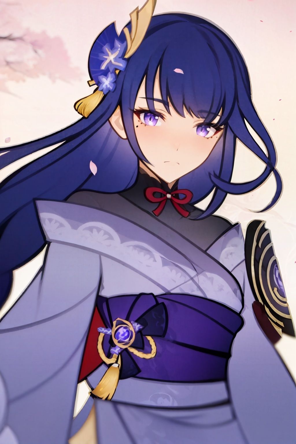 masterpiece, best quality,1girl, <lora:gmstyle:1>,wide shot,1girl, weapon, raiden shogun, japanese clothes, solo, purple hair, polearm, purple eyes, hair ornament, holding weapon, long hair, kimono, sash, holding, bangs, looking at viewer, obi, bridal gauntlets, flower, obiage, holding polearm, obijime, closed mouth, cherry blossoms, mole under eye, ribbon, mole, naginata, petals, blurry, braid, long sleeves, wide sleeves, spear, tassel, armor, blunt bangs, tomoe (symbol), hair flower, floral print, simple background, sidelocks