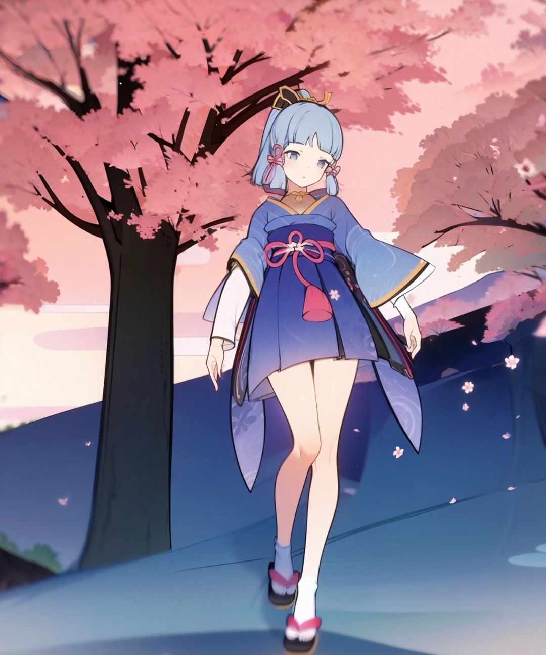 masterpiece, best quality,1girl, <lora:gmstyle:1.2>,cherry blossoms, tree,1girl,kamisato ayaka, blue hair,hair ornament, ponytail,japanese clothes,  full body
