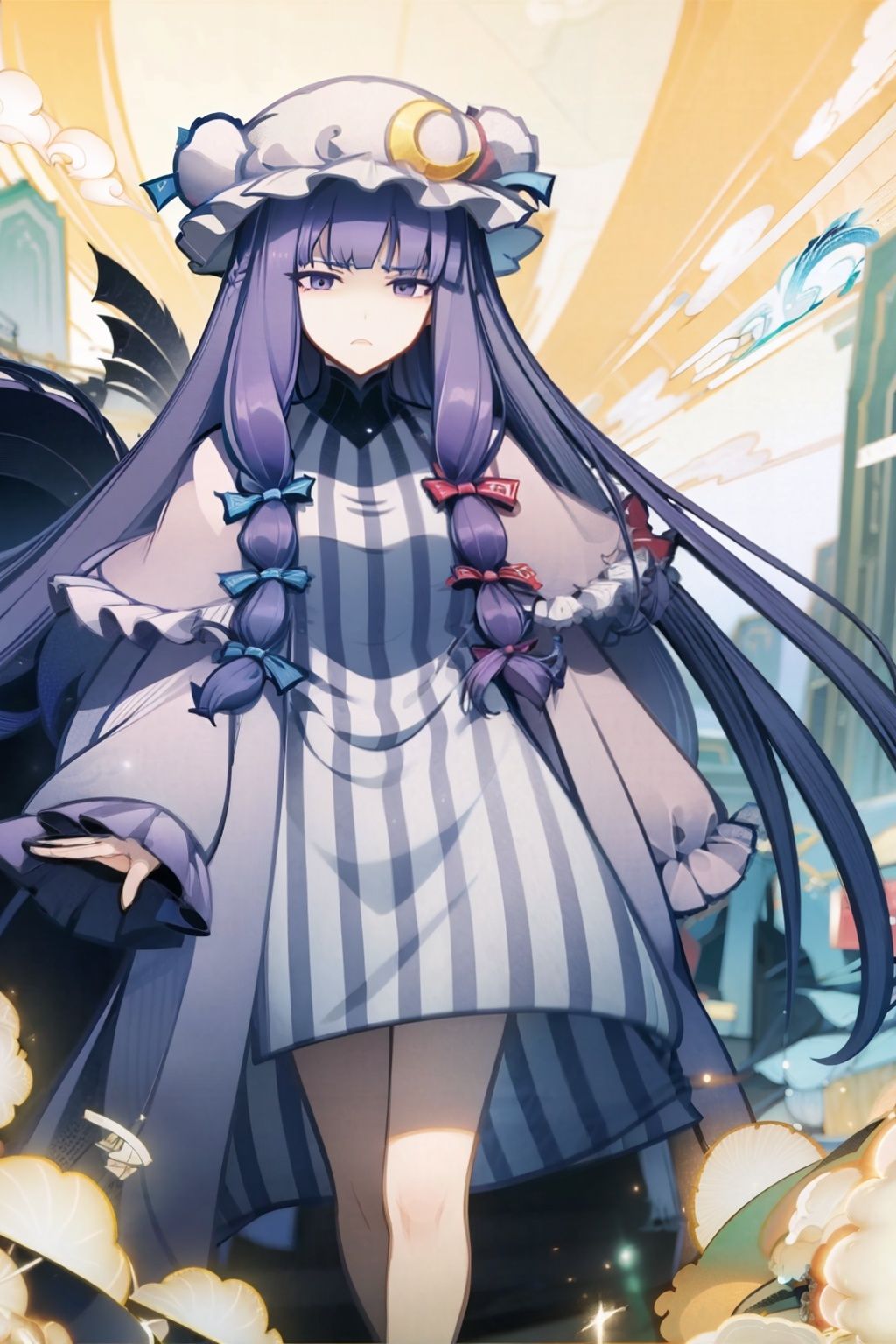 masterpiece, best quality,  <lora:gmstyle:1.4>, <lora:patchouli:1>,1girl,patchouli knowledge, mob cap, hat ornament, purple hair,long hair,hair tubes,long sleeves, purple dress,