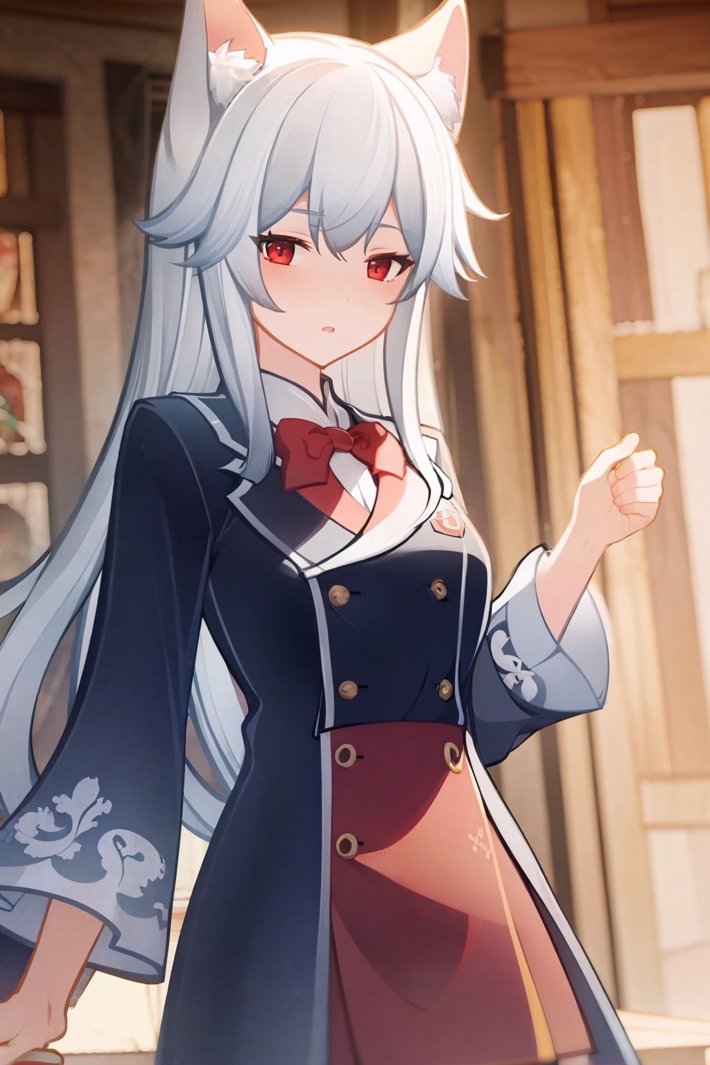 masterpiece, best quality,  <lora:gmstyle:1.4>,1girl,white hair, long long hair, animal ears, red eyes,little girl,school uniform, 