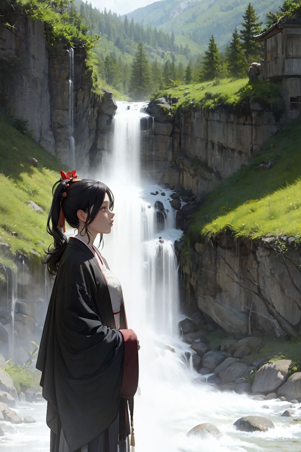 masterpiece, best quality, <lora:hanfu:1>,hanfukozue, solo, 1girl,ink wash,black hair, ponytail, long hair, flower, hair ornament, long sleeves, outdoors, holding, tree, skirt, waterfall, wide sleeves, japanese clothes, water, chinese clothes, branch, from side, upper body, standing, profile, day, kimono, pink flower, scenery, black skirt