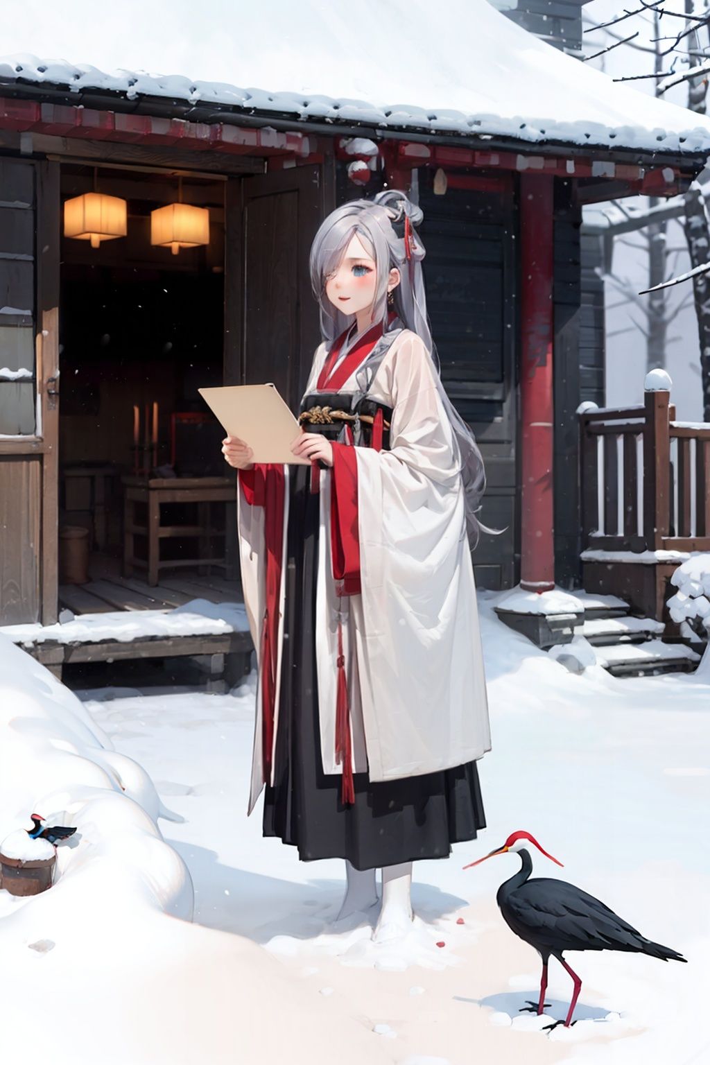 masterpiece, best quality, <lora:hanfu:1>,hanfukozue, 1girl, umbrella, long hair, solo, oil-paper umbrella, holding, branch, holding umbrella, alternate costume, bird, looking at viewer, hanfu, grey hair, standing, long sleeves, bangs, blue eyes, shenhe (genshin impact), closed mouth, crane (animal), red bow, grey eyes, animal, hair over one eye, chinese clothes, blush, snowing, snow, wide sleeves, tree, bow, snake, very long hair, jewelry, outdoors, shawl, white hair, earrings, hair between eyes, smile, bare tree