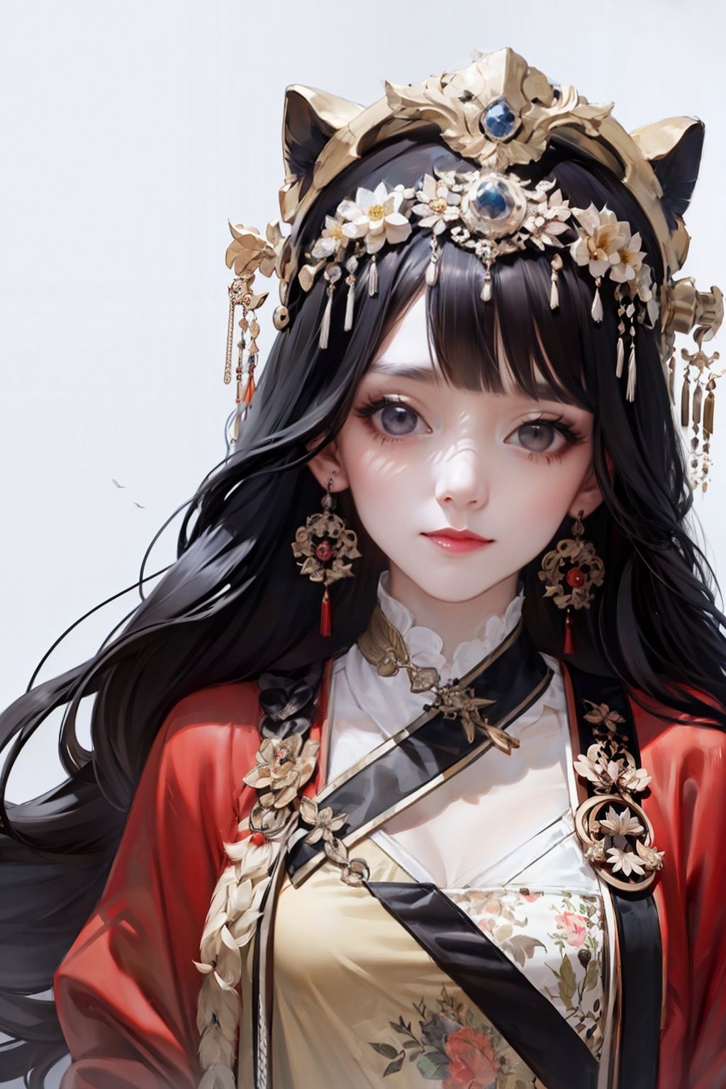 masterpiece, best quality, <lora:hanfu:1>,hanfukozue, 1girl, black hair, solo, hair ornament, jewelry, long hair, earrings, dress, bird, bangs, white dress, looking at viewer, upper body, makeup, blunt bangs, tassel, chinese clothes, closed mouth, black eyes, detached collar, red lips, yellow background, long sleeves, lipstick, smile, hair rings, feathers, headdress
