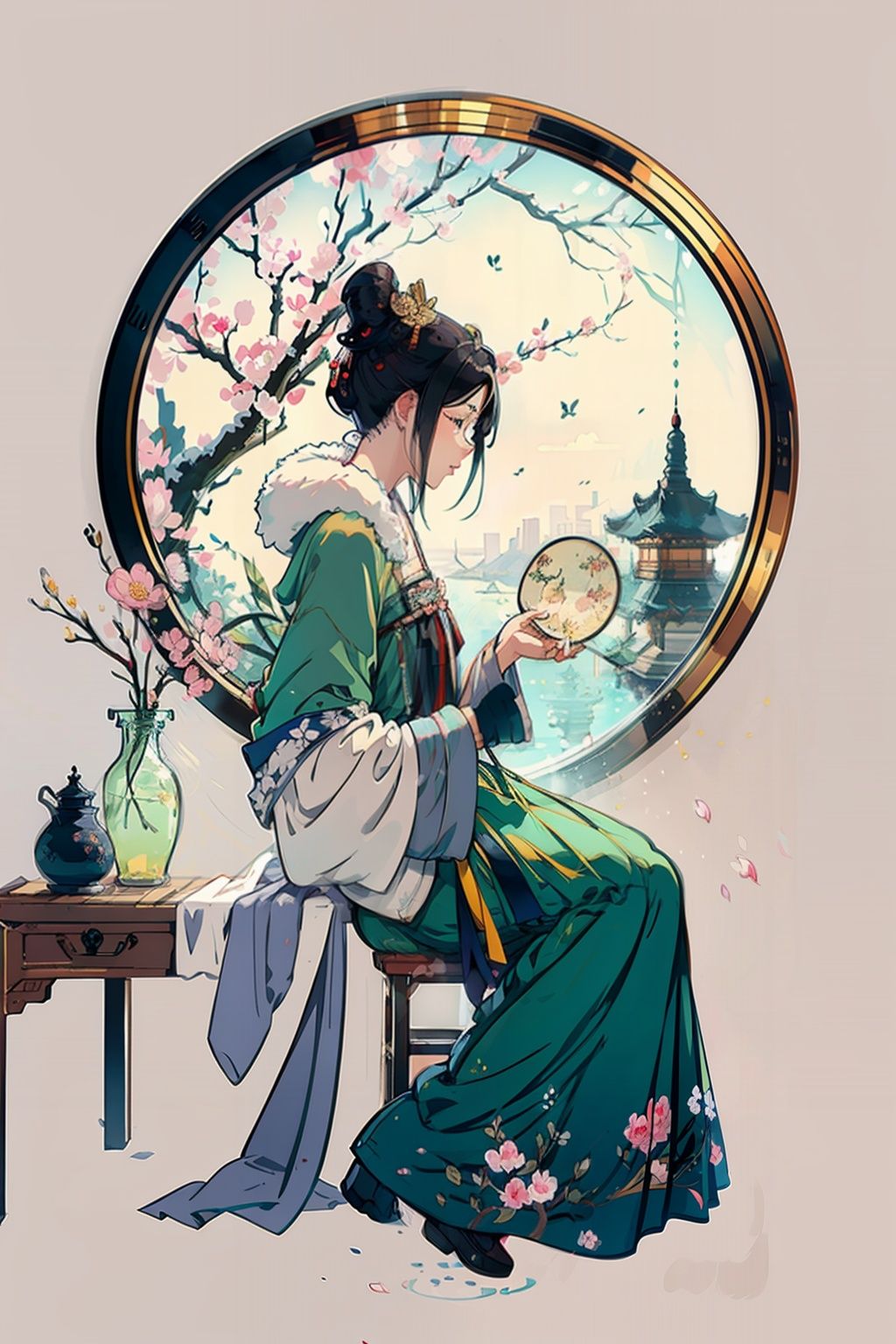masterpiece, best quality, <lora:hanfu:1>,hanfukozue, 1girl, solo, black hair, hair ornament, sitting, hair flower, hair bun, single hair bun, flower, lattice, petals, round window, holding, cherry blossoms, window, chinese clothes, from side, full body, long sleeves, wide sleeves, fur trim, table, shawl, architecture, dress, updo, hand fan, hanfu, floral print, short hair, chair, east asian architecture, hair stick