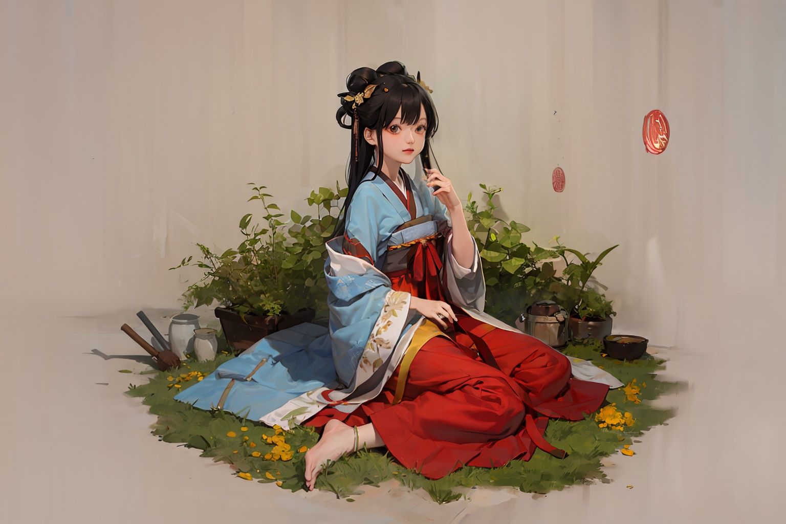masterpiece, best quality, <lora:hanfu:1>,hanfukozue, 1girl, black hair, bug, butterfly, barefoot, solo, hair ornament, sitting, hanfu, chinese clothes, anklet, leaf, fruit, jewelry, white background, long sleeves, simple background, food, grapes, full body, single hair bun, holding, hair stick, wide sleeves, hair bun, smile, yokozuwari, looking at viewer, long hair, closed mouth, hand up, flower, holding leaf, on floor