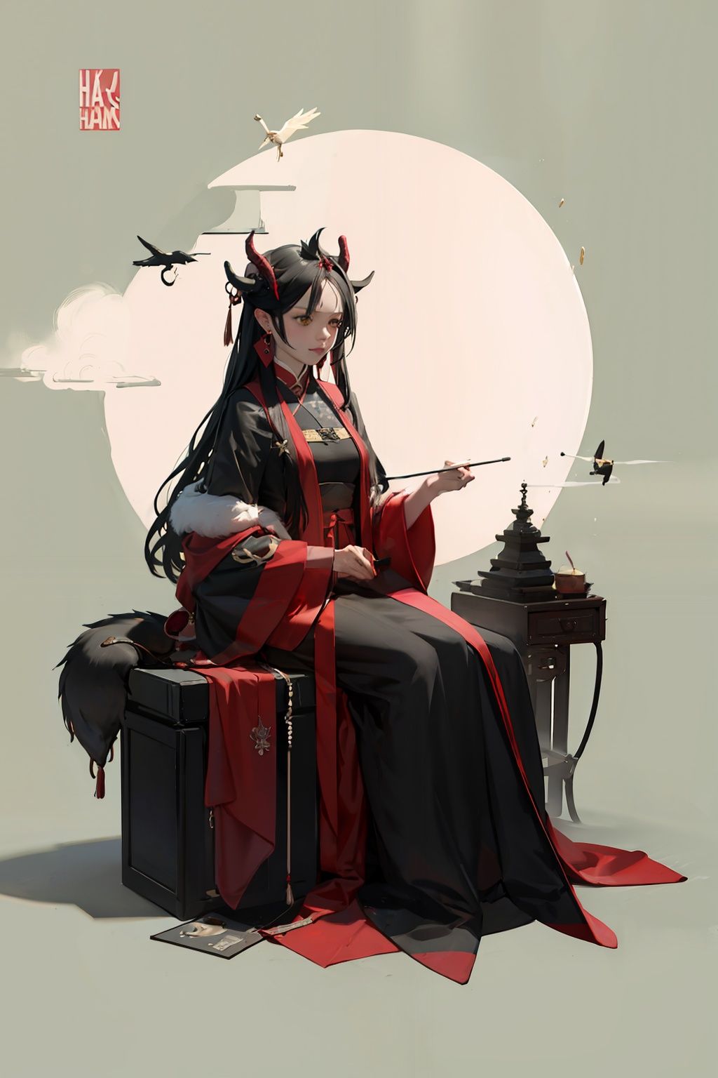 masterpiece, best quality, <lora:hanfu:1>,hanfukozue, 1girl, solo, long hair, horns, black hair, umbrella, dusk (arknights), pointy ears, tail, dragon horns, holding, dragon girl, red eyes, multicolored hair, sitting, oil-paper umbrella, dragon tail, jewelry, tassel, earrings, holding umbrella, dress, very long hair, green hair, looking at viewer, streaked hair, tassel earrings, colored skin, full body, alternate costume, long sleeves, closed mouth, green skin, wide sleeves, bangs, snow, bracelet, smile, chinese clothes, gloves, branch, official alternate costume