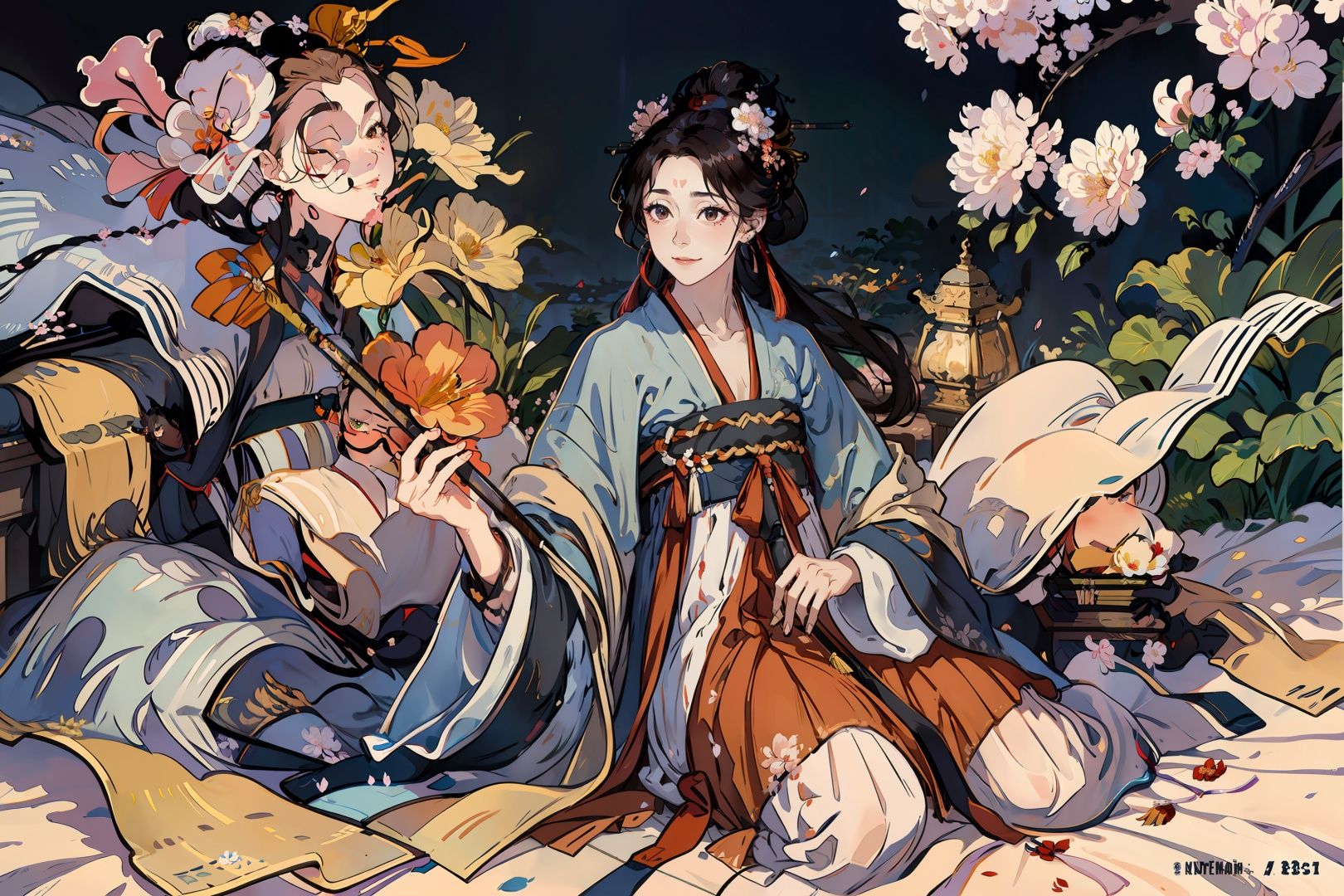 <lora:hanfu:1>,hanfukozue,  <lora:hanfuTang31:0.3>,long hair, hanfu, flower, sword, solo, chinese clothes, 1girl, very long hair, black hair, shawl, hair ornament, wide sleeves, hagoromo, holding, long sleeves, flower, holding weapon, jewelry, dress, watermark, petals, holding sword, absurdly long hair, sash, forehead mark, hair flower, brown hair, closed mouth, sitting, facial mark, 1boy, artist name, looking at viewer, full body, web address, cherry blossoms, smile, earrings, hair stick, male focus, sparkle, tassel, night, hair bun, sky, red dress, ponytail