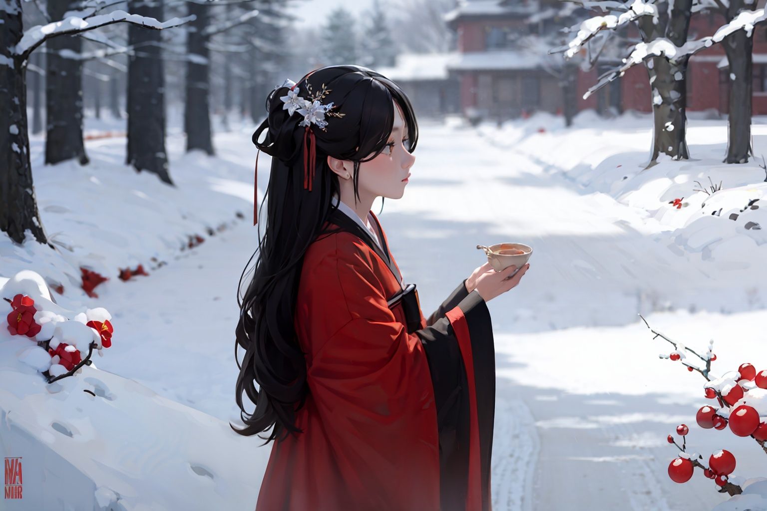 masterpiece, best quality, <lora:hanfu:1>,hanfukozue, 1girl, black hair, snow, pointy ears, long hair, solo, snowing, outdoors, hair ornament, tree, winter, chinese clothes, wide sleeves, blurry, flower, red eyes, long sleeves, own hands together, very long hair, blurry background, hanfu, from side, bangs, branch, closed mouth, red dress, hair ribbon, ribbon,