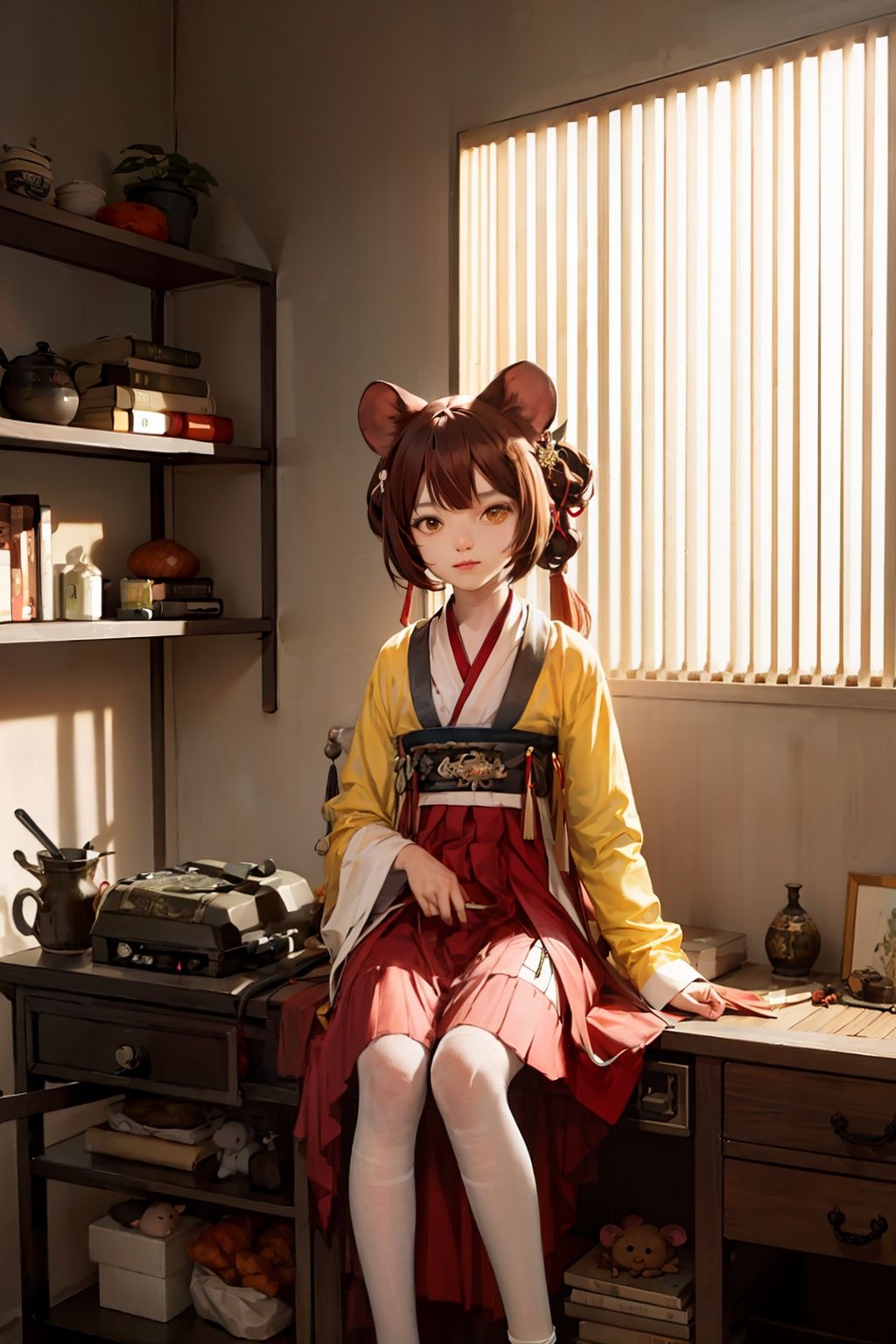 masterpiece, best quality, <lora:hanfu:1>,hanfukozue, 1girl, animal ears, long hair, brown hair, sitting, hair ornament, solo, bell, looking at viewer, chinese zodiac, very long hair, smile, animal, bangs, mouse ears, korean clothes, yellow eyes, hair bell, jingle bell, feet out of frame, chinese clothes, orange eyes, lattice, on lap, dress, mouse, long sleeves, closed mouth, red dress, year of the rat, collarbone, window, animal on lap, indoors, hanbok, blunt bangs, animal ear fluff