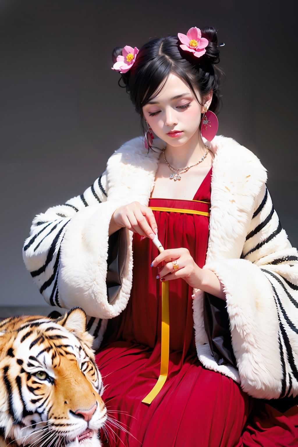 masterpiece, best quality, <lora:hanfu:1>,realistic,hanfukozue, 1girl, tiger, paintbrush, long hair, double bun, hair bun, holding paintbrush, holding brush, chinese clothes, hanfu, calligraphy brush, bangs, solo, year of the tiger, black hair, white tiger, jewelry, long sleeves, holding, sitting, yellow eyes, bow, necklace, hair ornament, wide sleeves, red bow, blunt bangs, fur trim, closed mouth, ribbon, dress, shawl, tassel, animal print, red ribbon, animal, very long hair, hand up, ink, bowtie, coat, hair ribbon, chinese zodiac, scroll, looking at viewer, hair flower, sidelocks, earrings, brown hair, flower, one eye closed, blush, pink dress