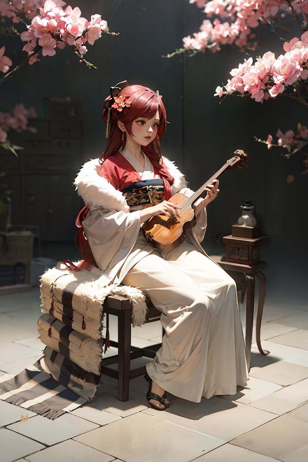 masterpiece, best quality, <lora:hanfu:1>,hanfukozue, 1girl, long hair, hair ornament, solo, instrument, brown hair, sitting, flower, red eyes, chinese clothes, floral print, hair flower, hair stick, sash, playing instrument, bangs, beidou (genshin impact), long sleeves, very long hair, dress, wooden floor, hairpin, music, branch, cloud, red dress, closed mouth, cherry blossoms, holding, hair between eyes, brown eyes, alternate costume, signature, artist name, fur trim, holding instrument, looking at viewer, hanfu, breasts, kimono, wide sleeves