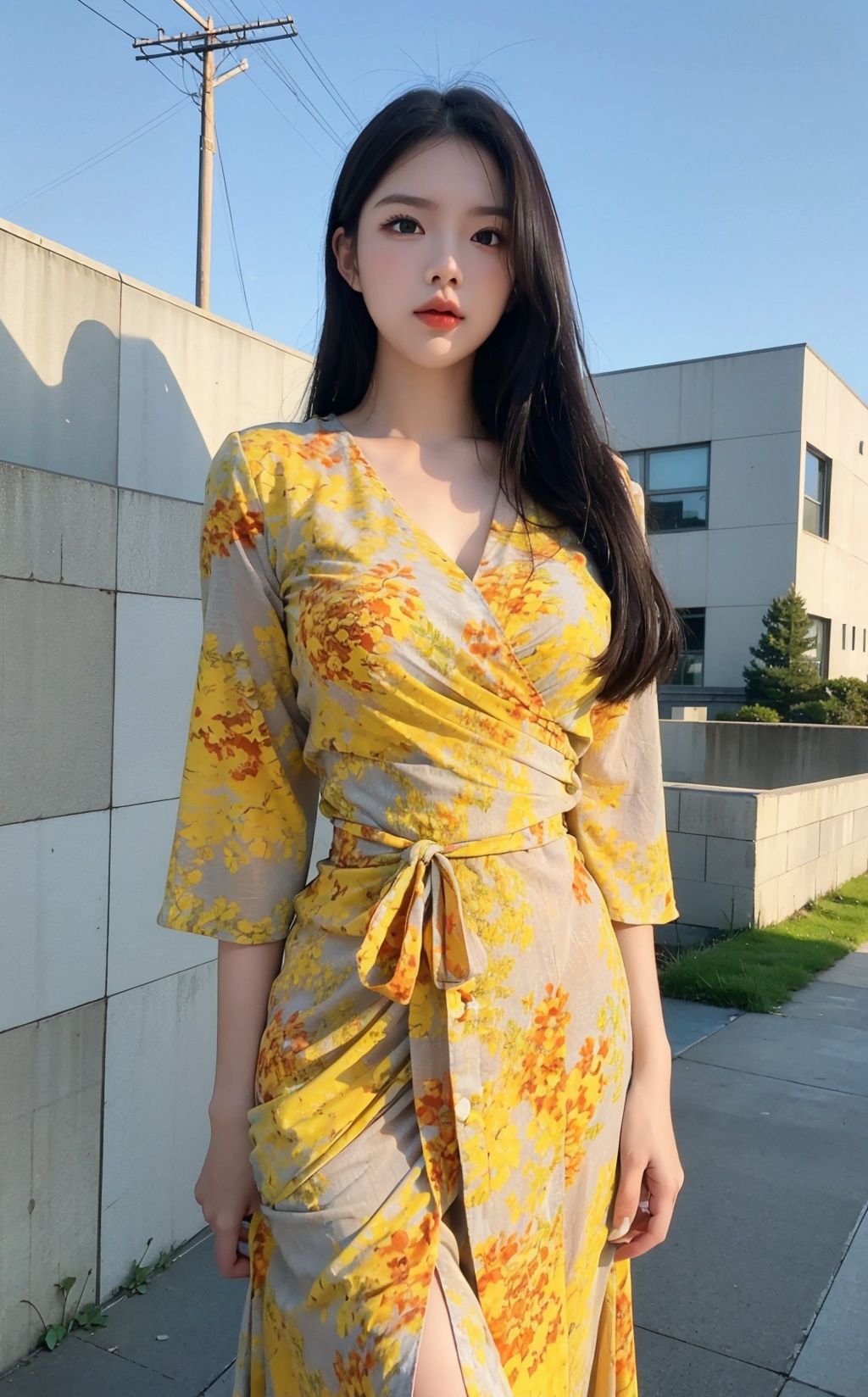 HDR,8k,realistic,(huge filesize),(outdoor:1.4),standing,sky,Mature woman,(straight hair),big sister,((closed mouth)),Serious expression,Small nose,Perfect face,alluring,slender waist,((subdued light:1.1)),((frontal lighting)),shallow depth of field,dynamic angle,(ray tracing),(((facial lighting))),shadow,<lora:koreandolllikenessV20_v20:0.3>,huangsezhanpaoc,<lora:huangsezhanpaoc:0.5>,yerin,<lora:yerin-sd1.5-n30-e555-v1-000001:0.4>,