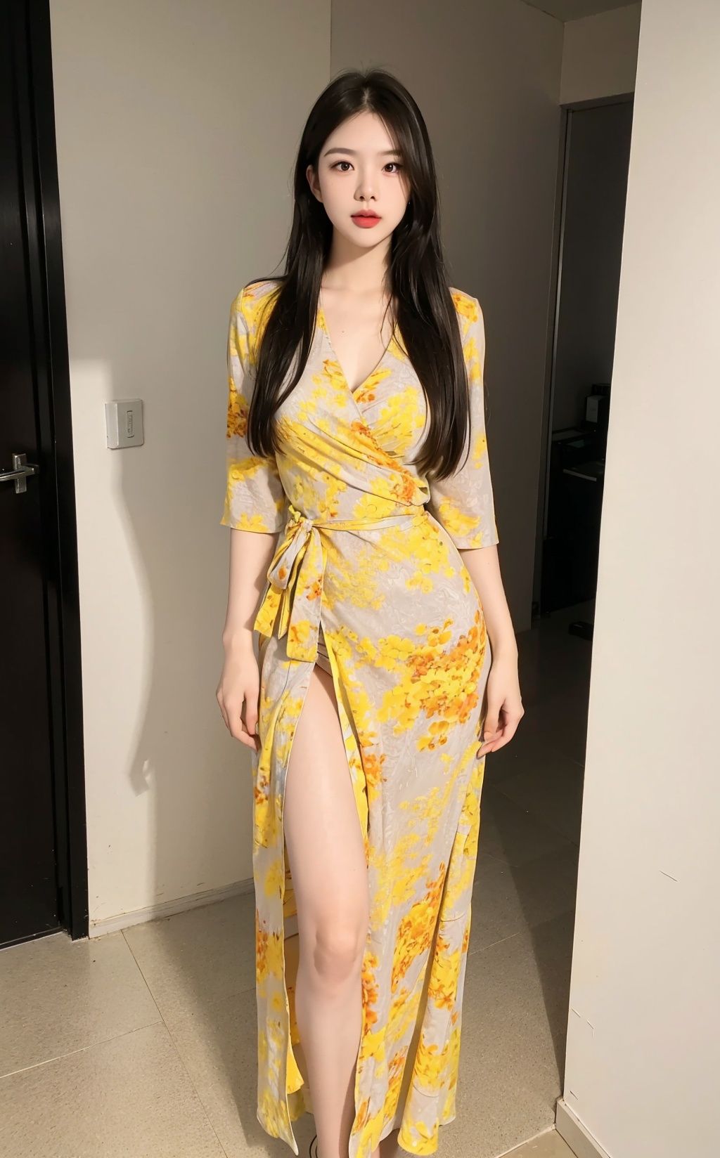 HDR,8k,realistic,(huge filesize),(outdoor:1.4),standing,sky,Mature woman,(straight hair),big sister,((closed mouth)),Serious expression,Small nose,Perfect face,alluring,slender waist,thigh,full body,((subdued light:1.1)),((frontal lighting)),shallow depth of field,dynamic angle,(ray tracing),(((facial lighting))),shadow,<lora:koreandolllikenessV20_v20:0.3>,huangsezhanpaoc,<lora:huangsezhanpaoc:0.5>,yerin,<lora:yerin-sd1.5-n30-e555-v1:0.4>,