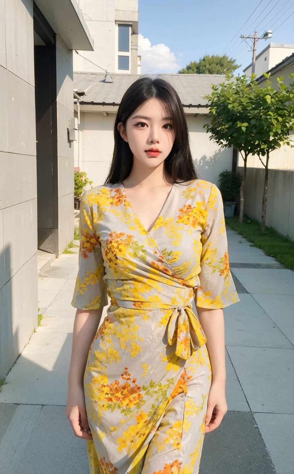 HDR,8k,realistic,(huge filesize),(outdoor:1.4),standing,sky,Mature woman,(straight hair),big sister,((closed mouth)),Serious expression,Small nose,Perfect face,alluring,slender waist,((subdued light:1.1)),((frontal lighting)),shallow depth of field,dynamic angle,(ray tracing),(((facial lighting))),shadow,<lora:koreandolllikenessV20_v20:0.3>,huangsezhanpaoc,<lora:huangsezhanpaoc:0.5>,yerin,<lora:yerin-sd1.5-n30-e555-v1-000001:0.4>,