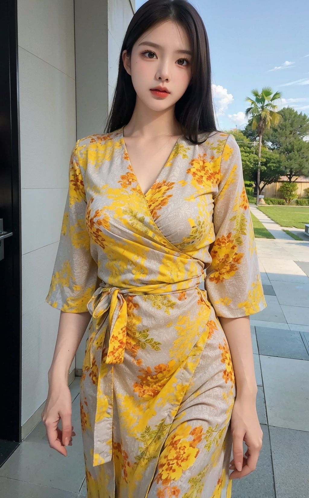 HDR,8k,realistic,(huge filesize),(outdoor:1.4),standing,sky,Mature woman,(straight hair),big sister,((closed mouth)),Serious expression,Small nose,Perfect face,alluring,slender waist,((subdued light:1.1)),((frontal lighting)),shallow depth of field,dynamic angle,(ray tracing),(((facial lighting))),shadow,<lora:koreandolllikenessV20_v20:0.3>,huangsezhanpaoc,<lora:huangsezhanpaoc:0.5>,yerin,<lora:yerin-sd1.5-n30-e555-v1-000001:0.4>,