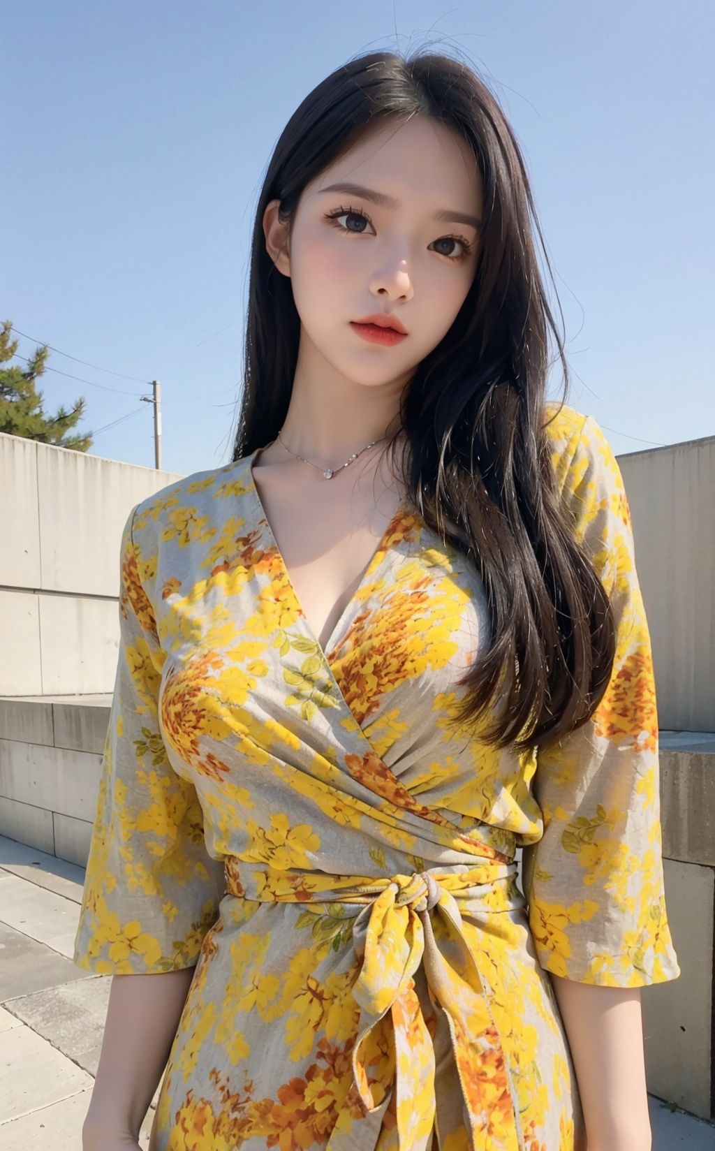 HDR,8k,realistic,(huge filesize),(outdoor:1.4),standing,sky,Mature woman,(straight hair),big sister,((closed mouth)),Serious expression,Small nose,Perfect face,alluring,slender waist,((subdued light:1.1)),((frontal lighting)),shallow depth of field,dynamic angle,(ray tracing),(((facial lighting))),shadow,<lora:koreandolllikenessV20_v20:0.3>,huangsezhanpaoc,<lora:huangsezhanpaoc:0.5>,yerin,<lora:yerin-sd1.5-n30-e555-v1-000001:0.4>,