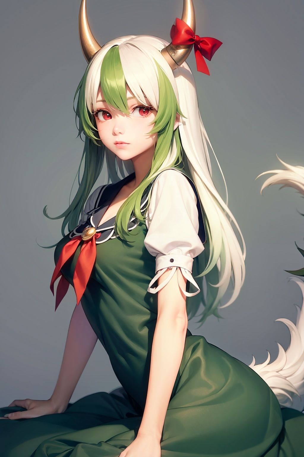 masterpiece, best quality,  <lora:keine:1>,1girl,greenhair,horns,horn bow,long hair,red eyes,bow,green dress,short sleeves, tail,grey background, 