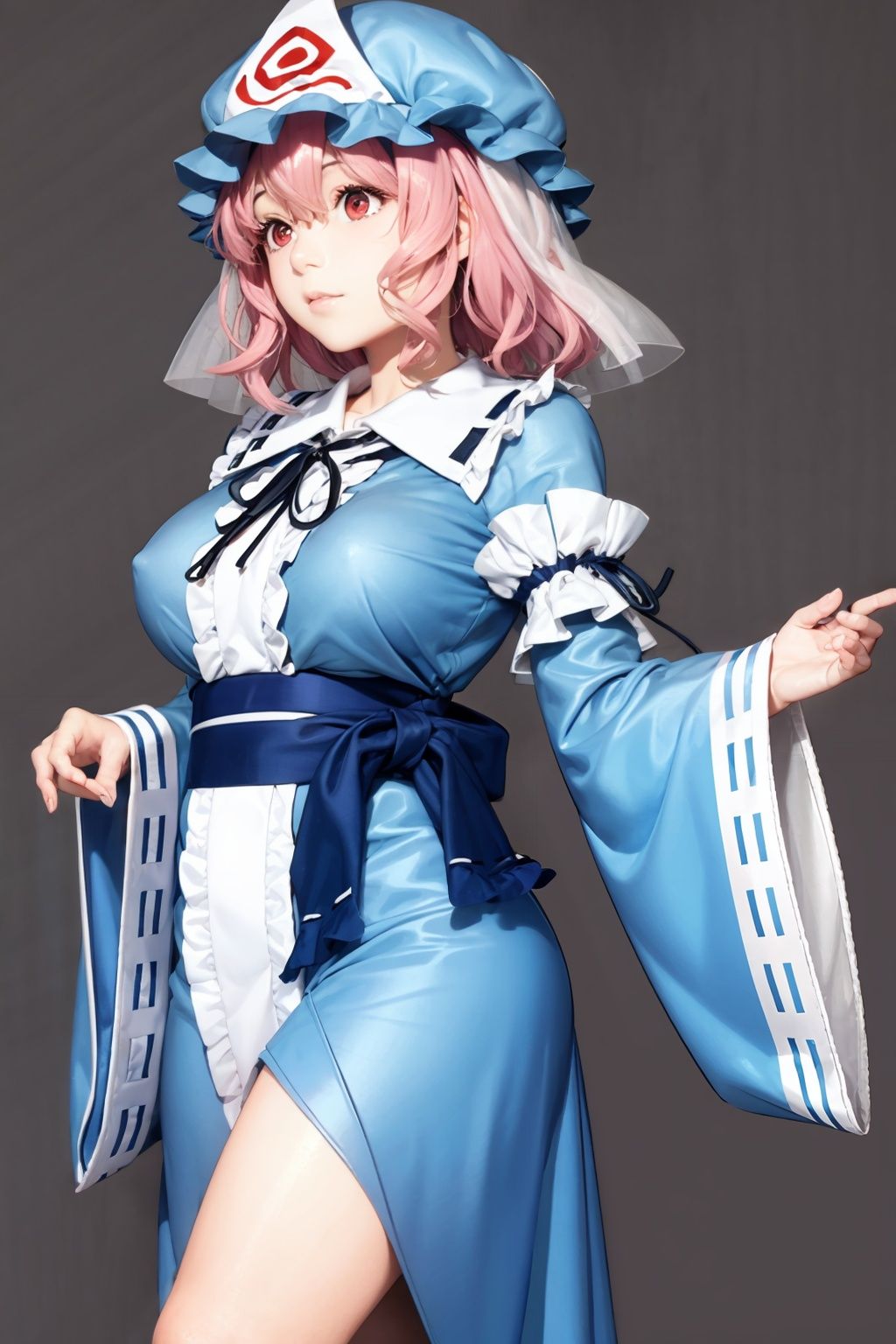 masterpiece, best quality, <lora:yuyuko:0>,1girl, saigyouji yuyuko, grey background, (kbxll:0.6)