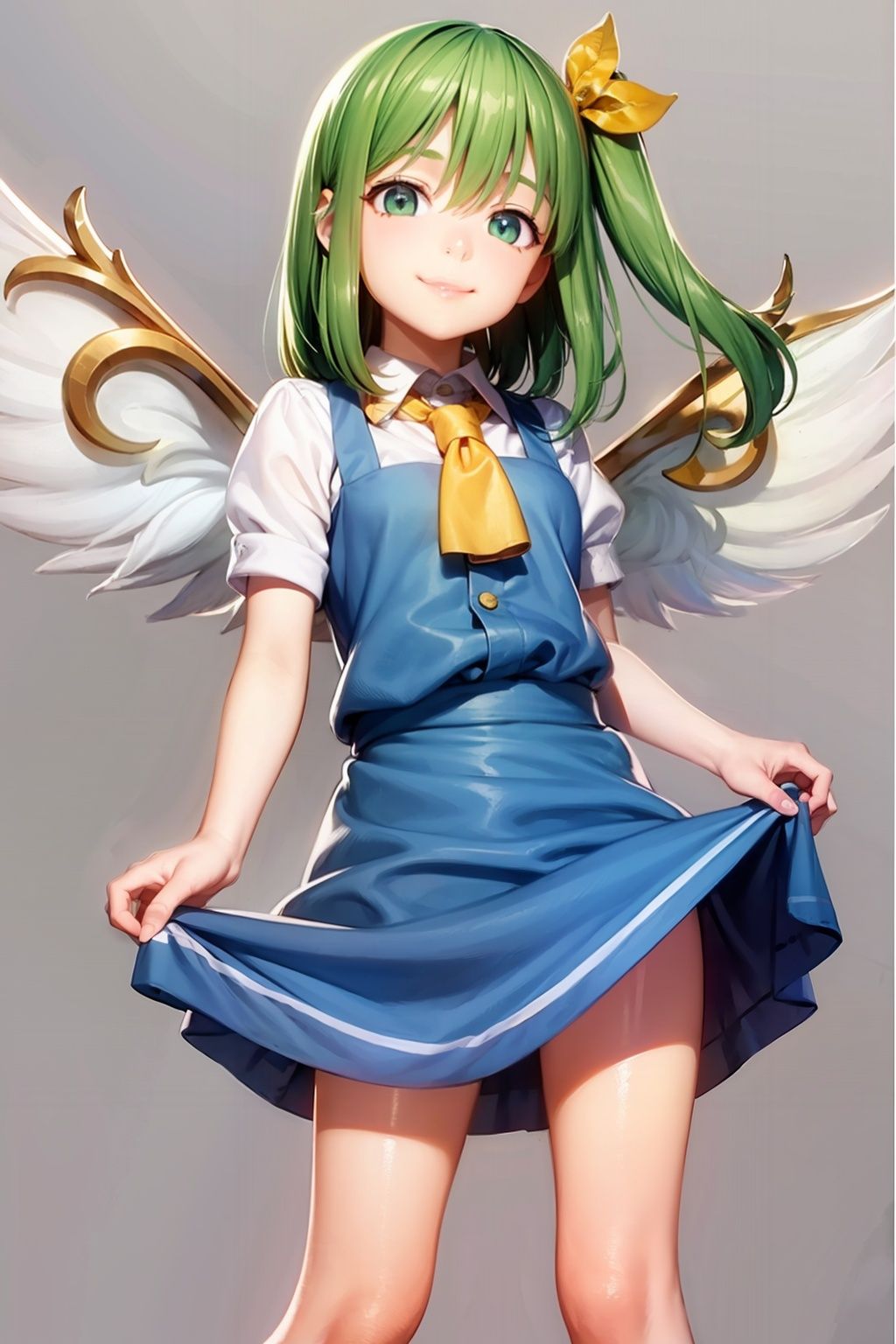 masterpiece, best quality,  <lora:daiyousei:1>,1girl,littl smile,daiyousei, green eyes,green hair,wings,grey background, 