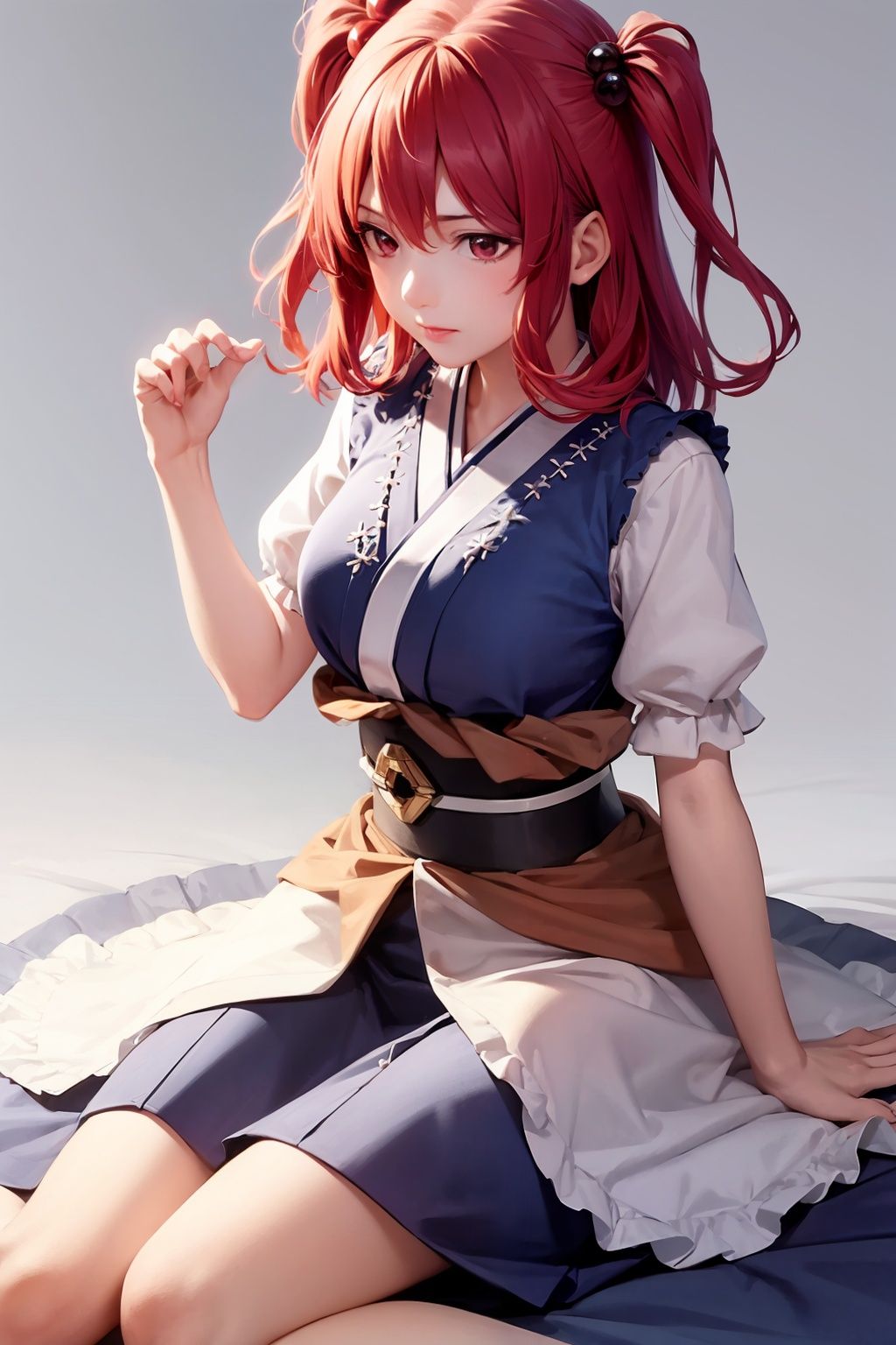 masterpiece, best quality,  <lora:onozuka:1>,1girl,onozuka komachi,  red eyes, hair bobbles, red hair, two side up, short sleeves, puffy sleeves, sash, obi,tabi, blue dress,grey background, 