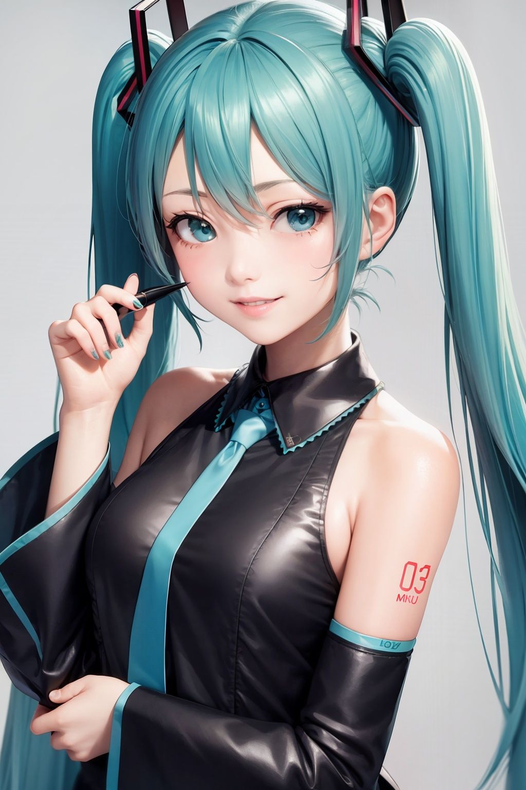 masterpiece, best quality, 1girl,hatsune miku, smile,green hair, long hair,twintails, headgear, detached sleeves, black sleeves, grey shirt,black skirt,grey background, 
