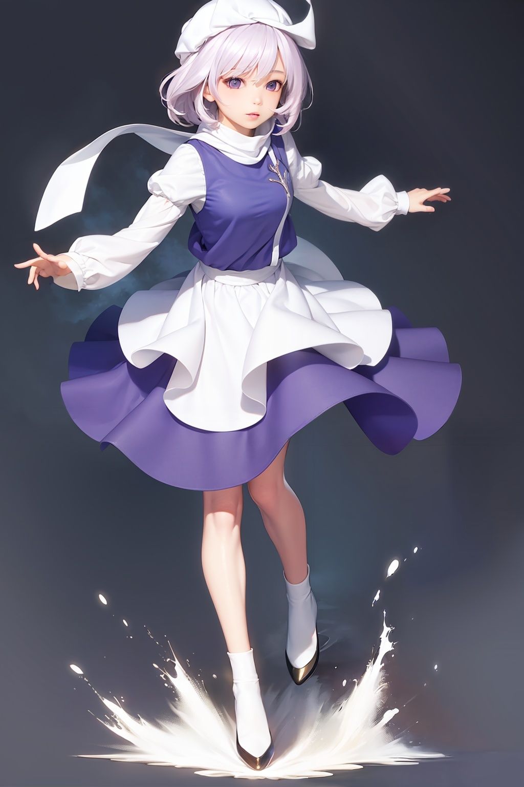 masterpiece, best quality,   <lora:letty:0>,1girl,letty whiterock, hat, scarf, short hair, light purple hair, purple eyes, long sleeves,puffy sleeves,waist apron,skirt, grey background, full body