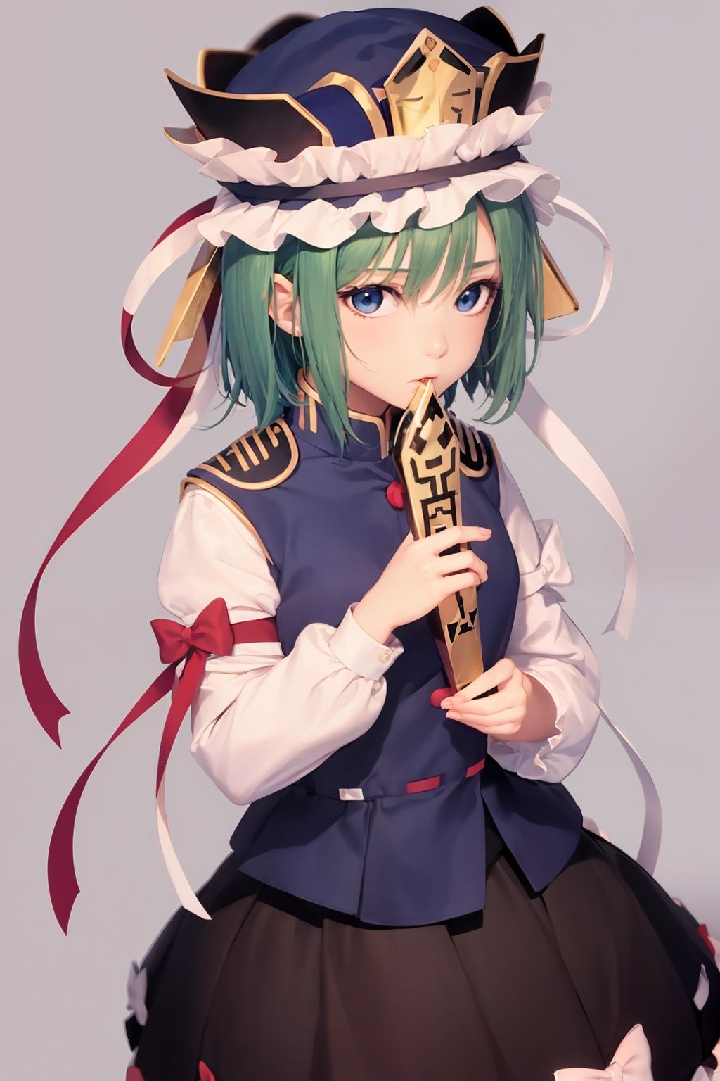 masterpiece, best quality,  <lora:shikieiki:1>,1girl,shiki eiki, hat, blue vest,white shirt,black shirt, green hair, rod of remorse,short hair,long sleeves, bow, blue eyes, ,  ribbon, red bow, closed mouth, ribbon-trimmed skirt, (grey background:1.2), simple background, 