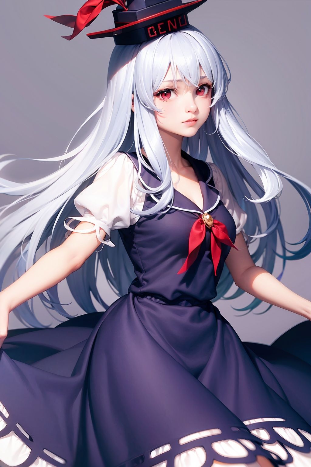 masterpiece, best quality,  <lora:keine:1>,1girl,blue hair,hat,long hair,red eyes,bow,dress,short sleeves, grey background, 