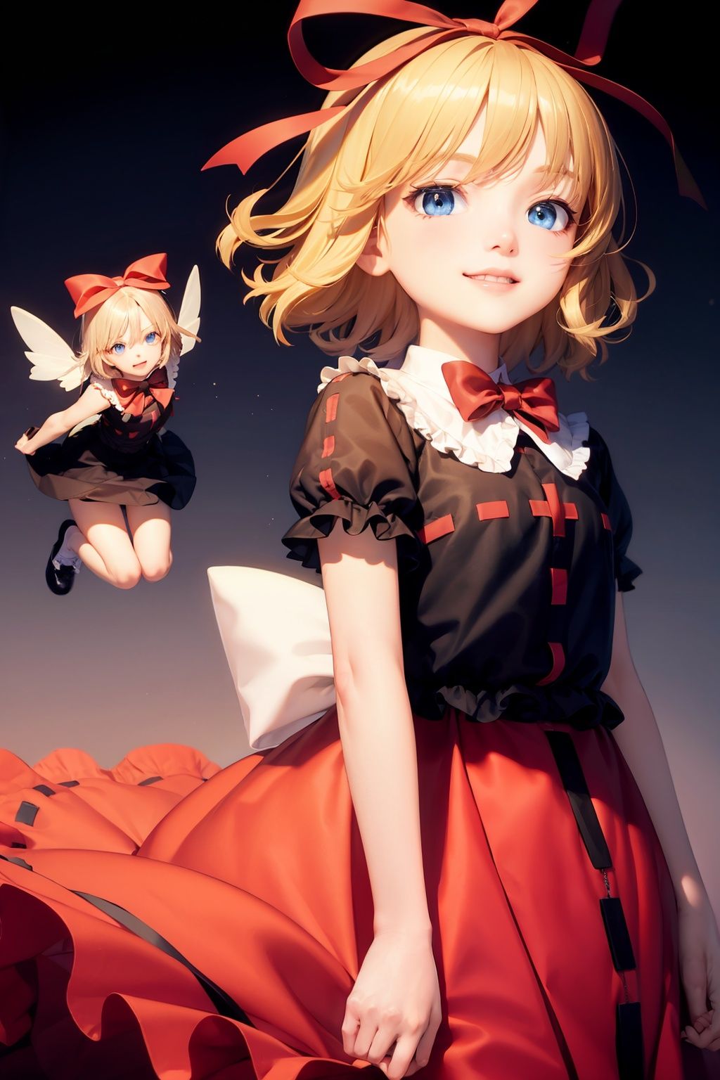 masterpiece, best quality,   <lora:medicine:1>, (su-san:1),wings,1girl,smile, blonde hair, short hair,ribbon,blue eyes,black shirt,red skirt,bow,grey background, 