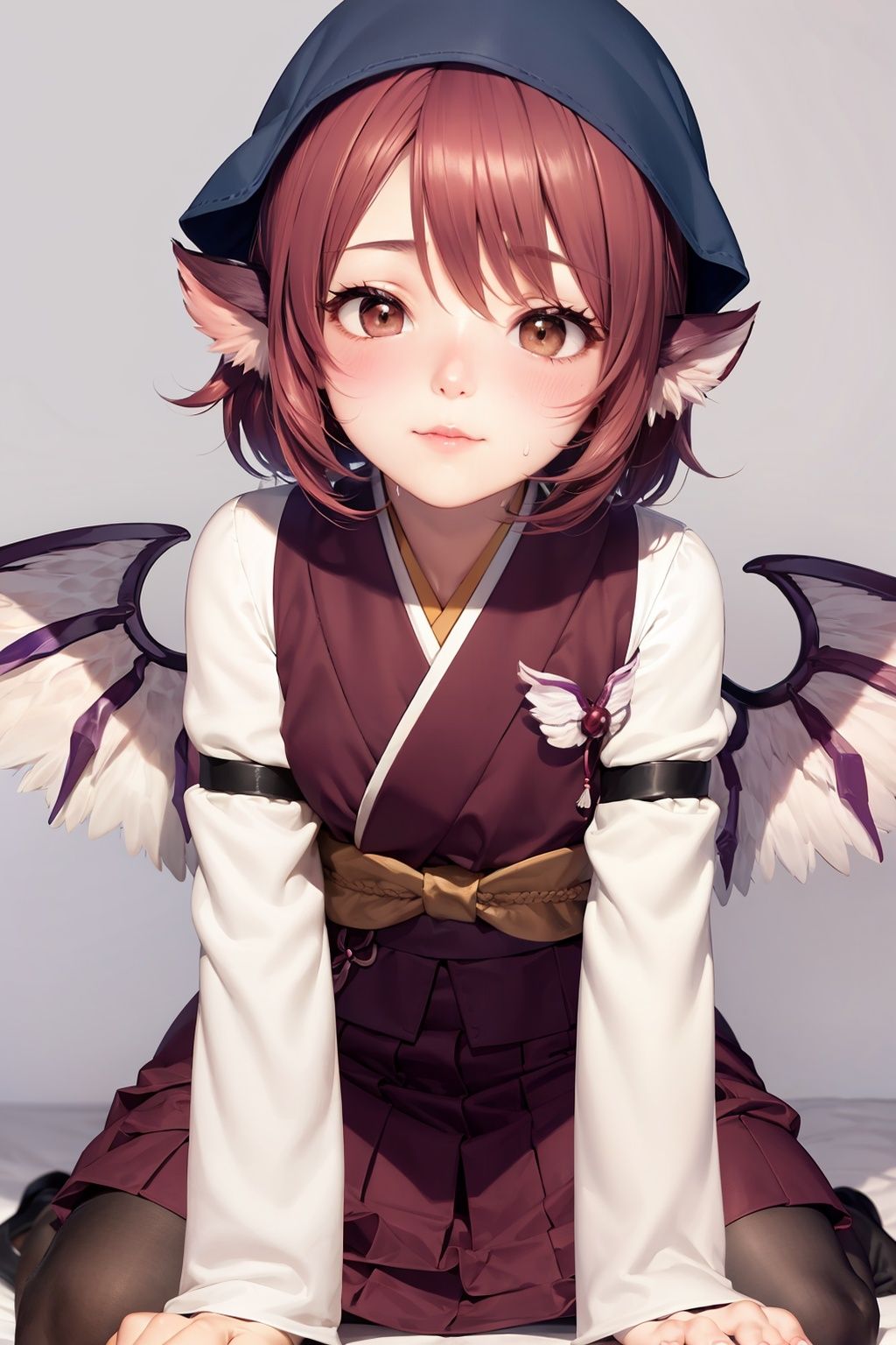 masterpiece, best quality, <lora:lorelei:1>,mystia lorelei, 1girl,1girl, solo, okamisty, animal ears, wings, head scarf, japanese clothes, short hair, blush, pink hair, sweat,grey background, 