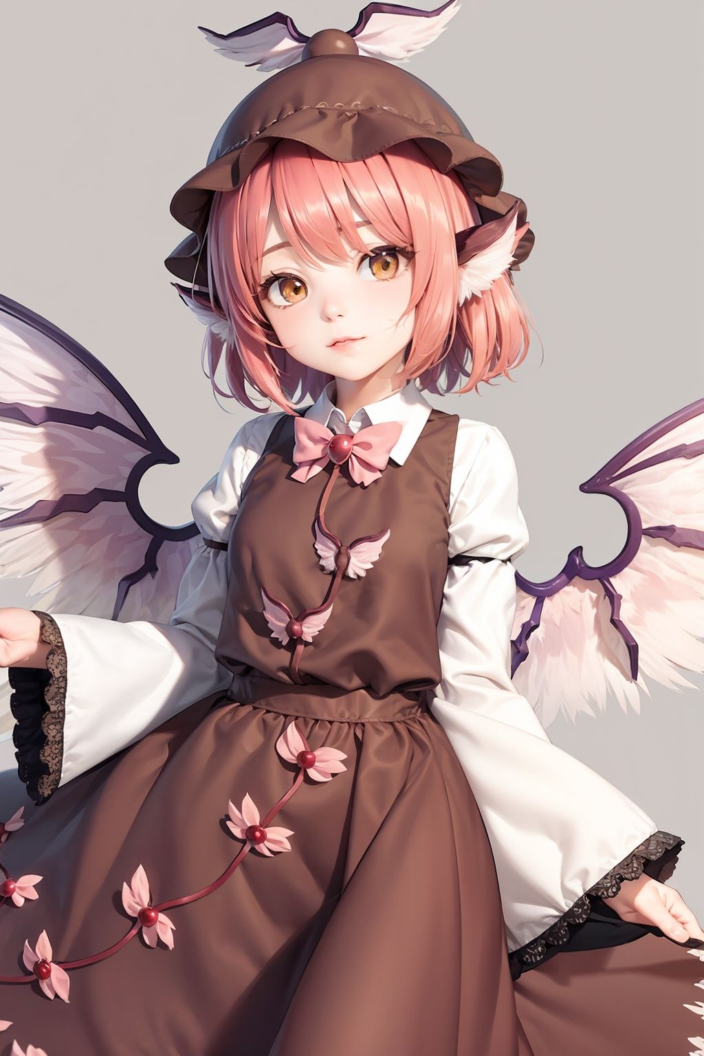 masterpiece, best quality, <lora:lorelei:1>,mystia lorelei, hat,pink hair,dress, animal ears,wide sleeves, wings,grey background, 
