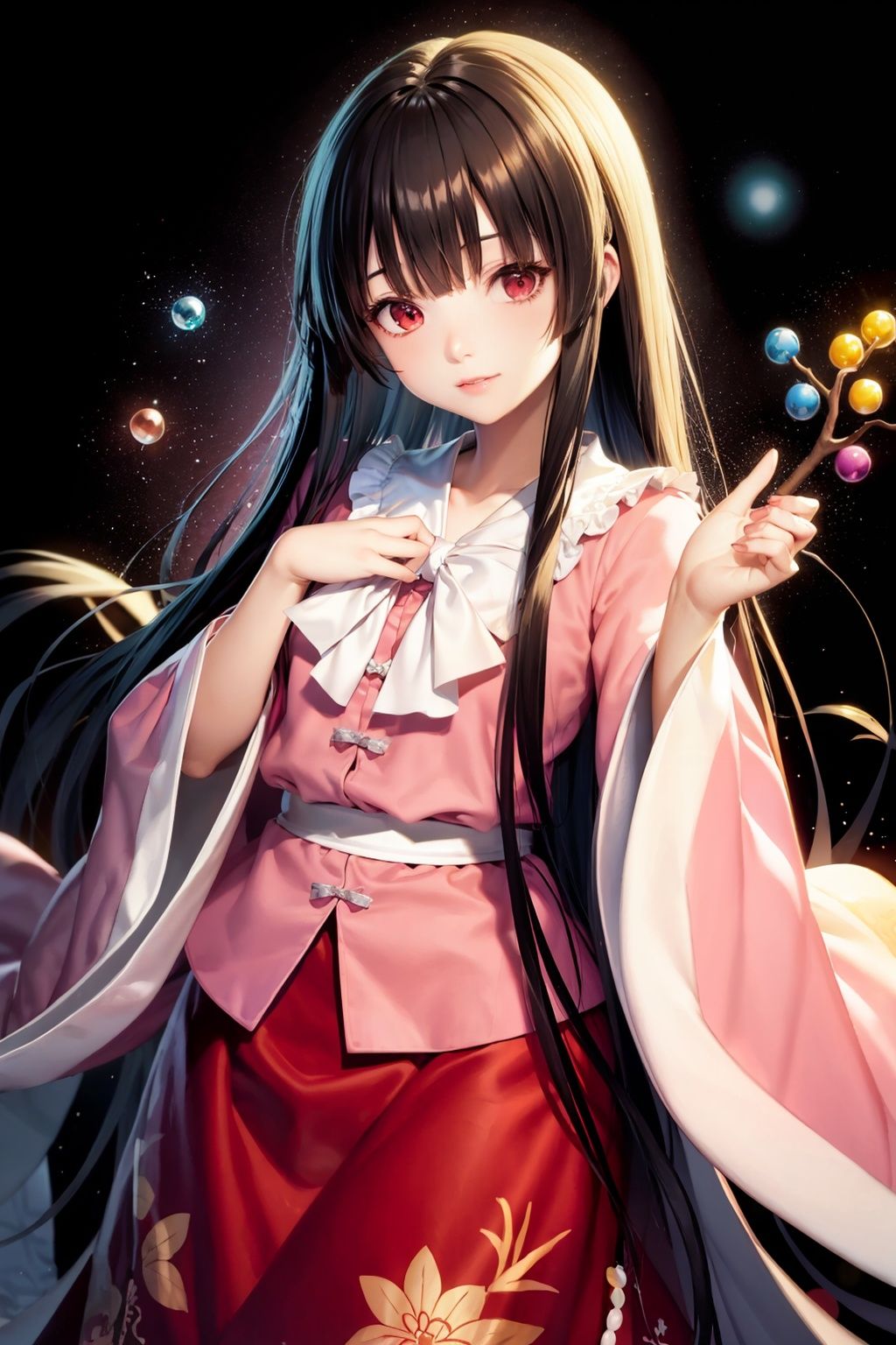 masterpiece, best quality,  <lora:kaguya:1>,1girl,houraisan kaguya, jeweled branch of hourai,branch,black hair,long hair,red eyes,skirt, wide sleeves,grey background, 