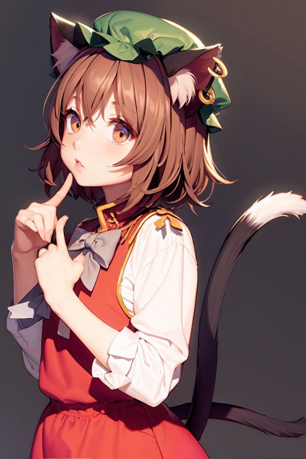masterpiece, best quality,  <lora:chen:1>,chen,1girl, animal ears, tail, solo, multiple tails, jewelry, earrings, cat ears, brown hair, hat, cat tail, short hair,grey background, simple background, 