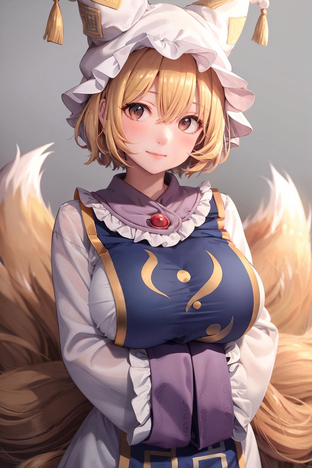 masterpiece, best quality,   <lora:ran:1>,1girl, yakumo ran, hat, solo, blonde hair, fox tail, tail, breasts, grey background, no headwear, tabard, short hair, blush, upper body, yellow eyes, multiple tails, large breasts, looking at viewer, simple background, long sleeves, white dress, hands in opposite sleeves, dress, hair between eyes, wide sleeves, bangs, frills, smile, frilled shirt collar, closed mouth, frilled sleeves, head tilt, kitsune, own hands together, arms under breasts, standing, breast hold, shiny,(kbxll:0.7)