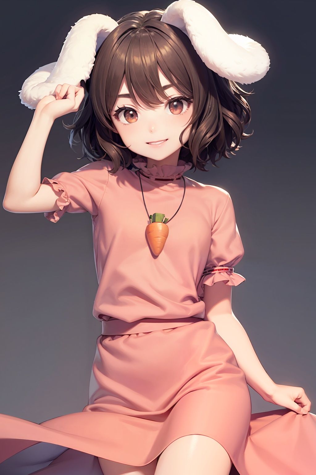 masterpiece, best quality, <lora:tewi:1>,1girl,smile,inaba tewi, short hair,brown hair,rabbit ears, red eyes, pink dress,short sleeves, carrot necklace,grey background, 