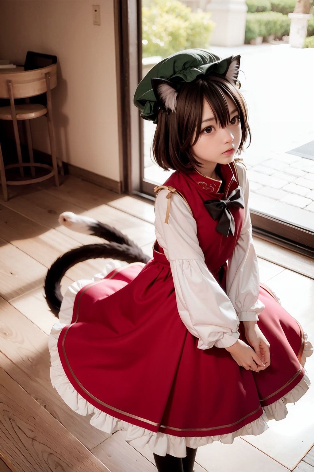masterpiece, best quality,  <lora:chen:1>,chen,1girl, animal ears, tail, solo, multiple tails, jewelry, earrings, cat ears, brown hair, hat, cat tail, short hair,