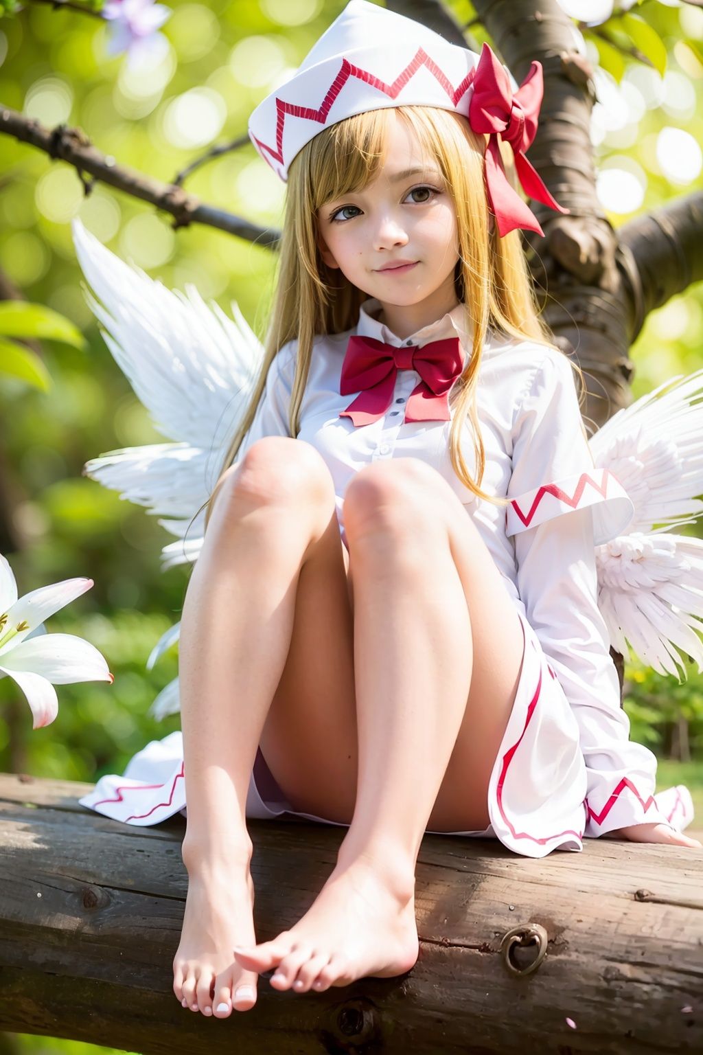masterpiece, best quality,   <lora:llw:1>,1girl, lily white, blonde hair, solo, hat, wings, long hair, tree, barefoot, bow, smile, sitting, capelet, dress, cherry blossoms, sky, long sleeves, blue eyes, white dress, fairy wings, in tree, day, blue sky, looking at viewer, hat bow, blush, red bow, feet, bare legs, petals, bowtie, sitting in tree, soles, outdoors, cloud, blurry, flower, red bowtie, purple eyes, very long hair, depth of field, toes, upskirt, white headwear, branch, wide sleeves, closed mouth, shirt, pantyshot